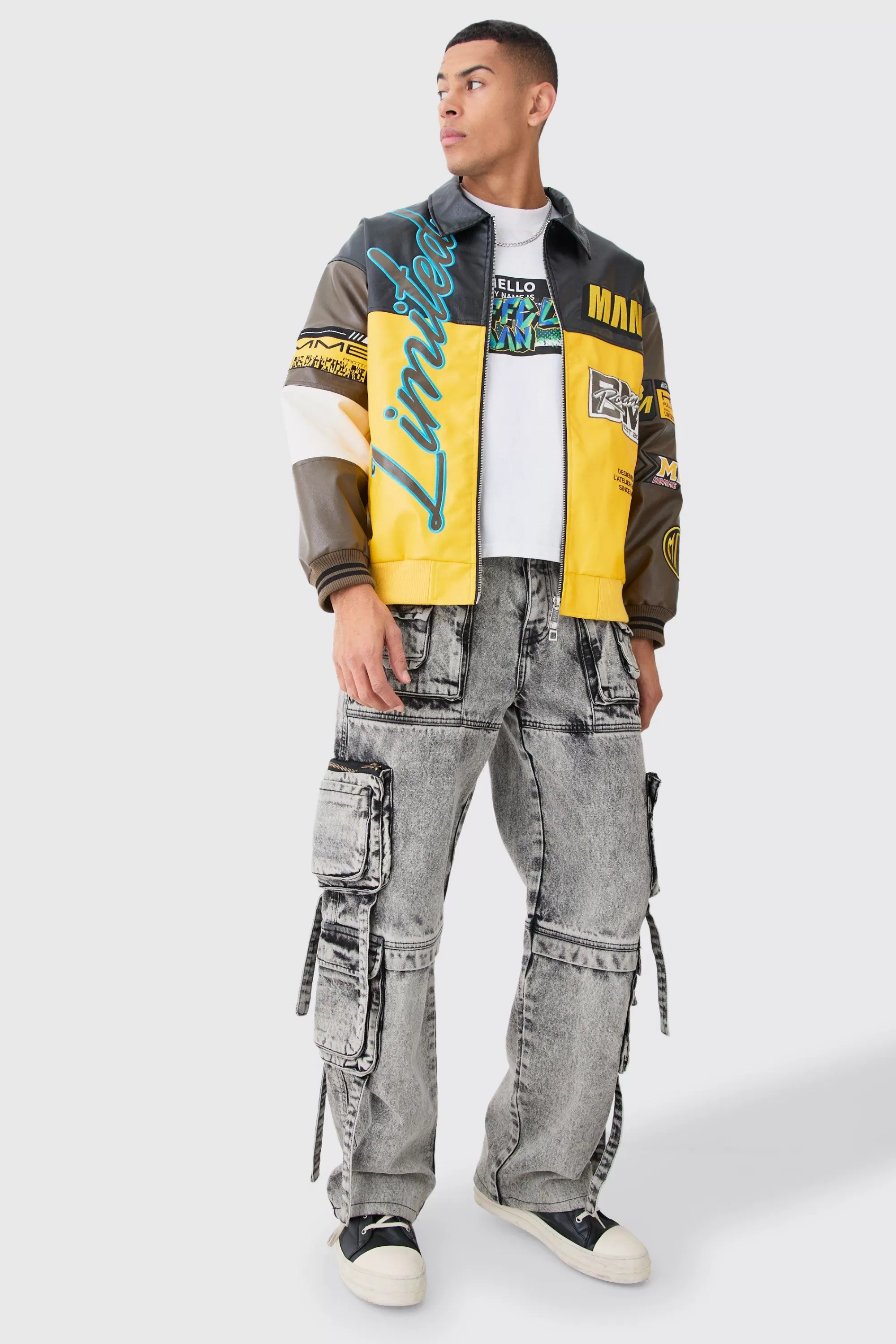 boohooMAN Baggy Rigid Multi Cargo Pocket Strap Detail Acid Wash Jeans | UK