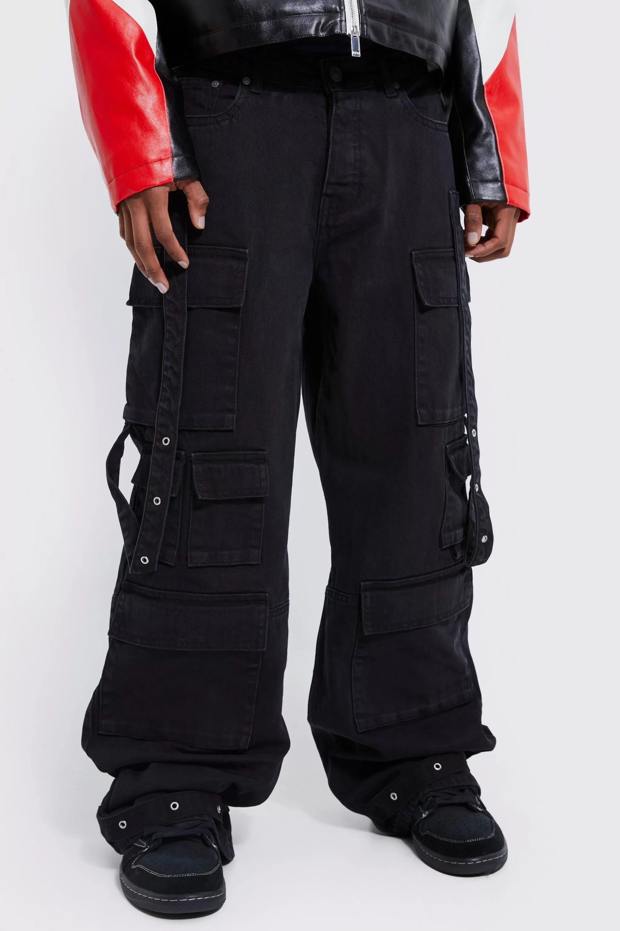 boohooMAN Baggy Rigid Multi Pocket Flare Jeans | UK