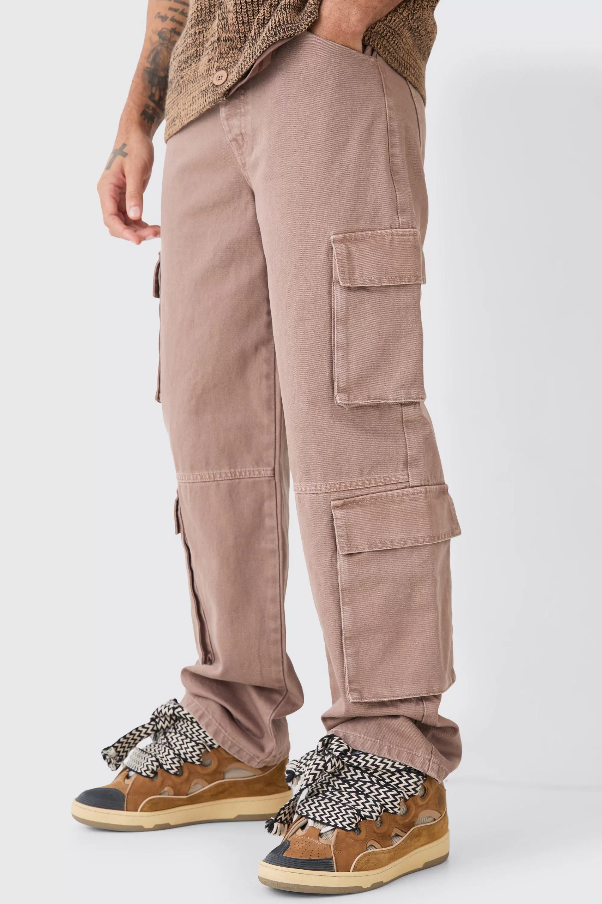 boohooMAN Baggy Rigid Overdyed Multi Cargo Jeans | UK