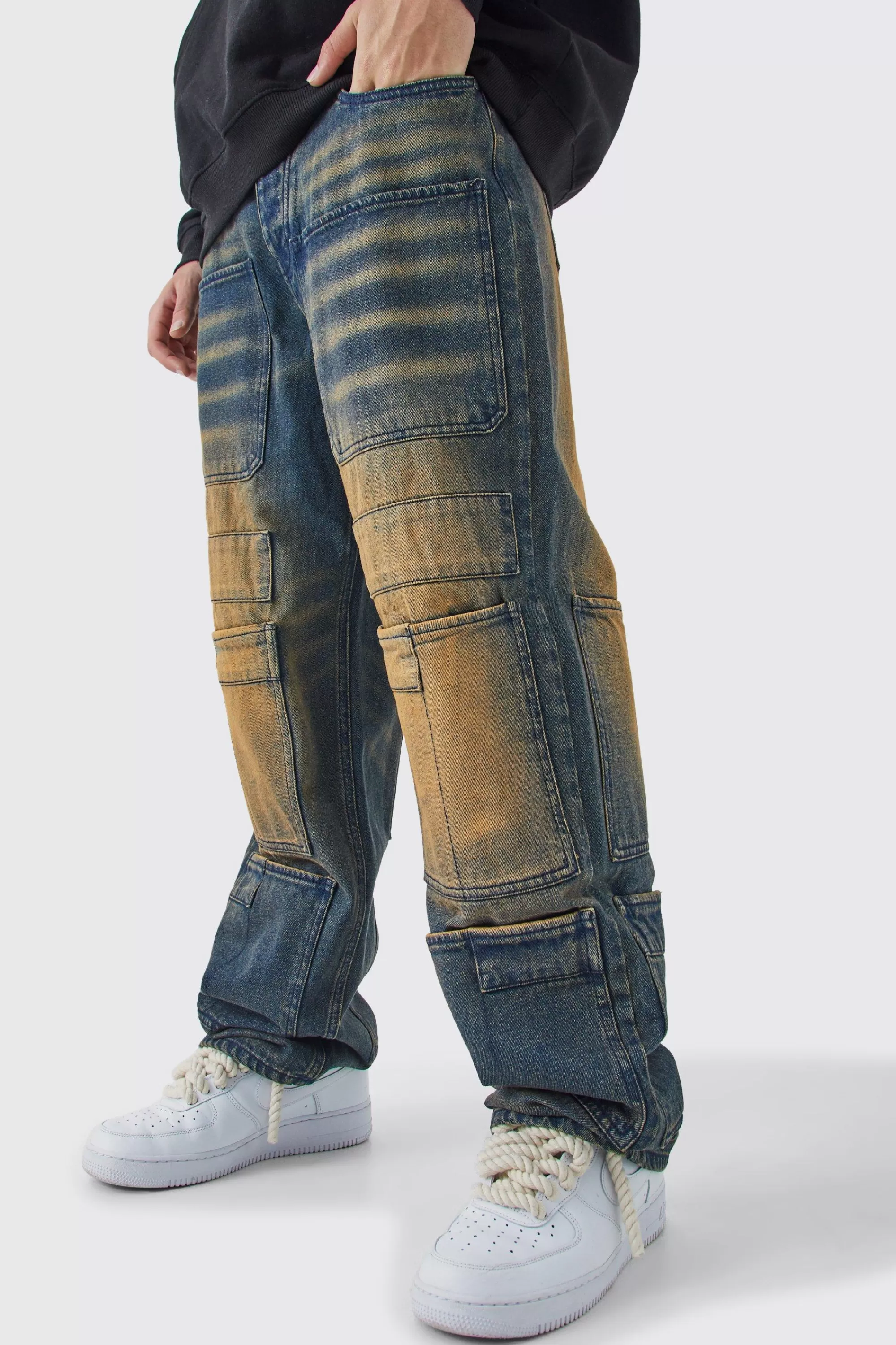 boohooMAN Baggy Rigid Overdyed Multi Pocket Cargo Jeans | UK