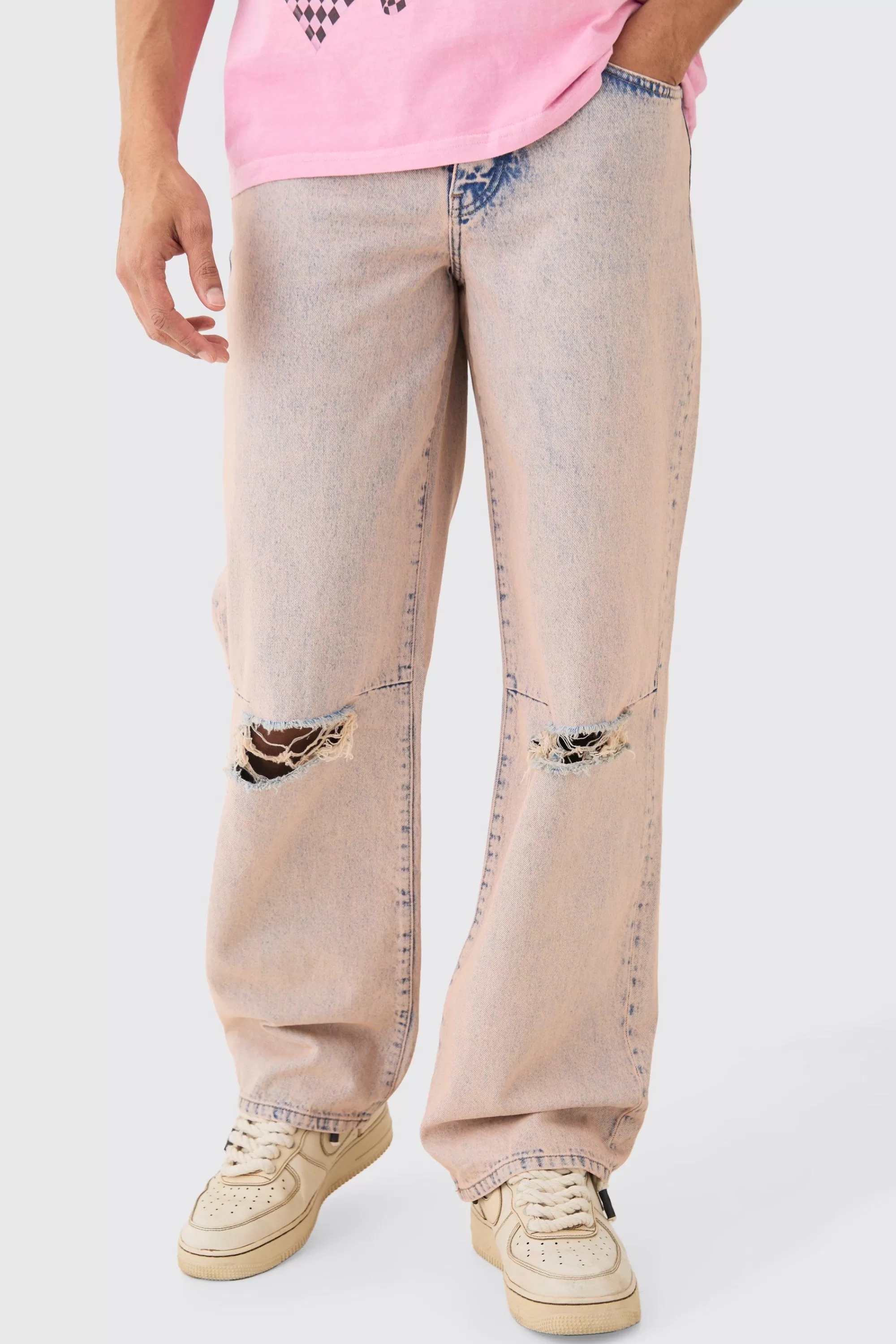 boohooMAN Baggy Rigid Tint Slit Knee Jeans | UK