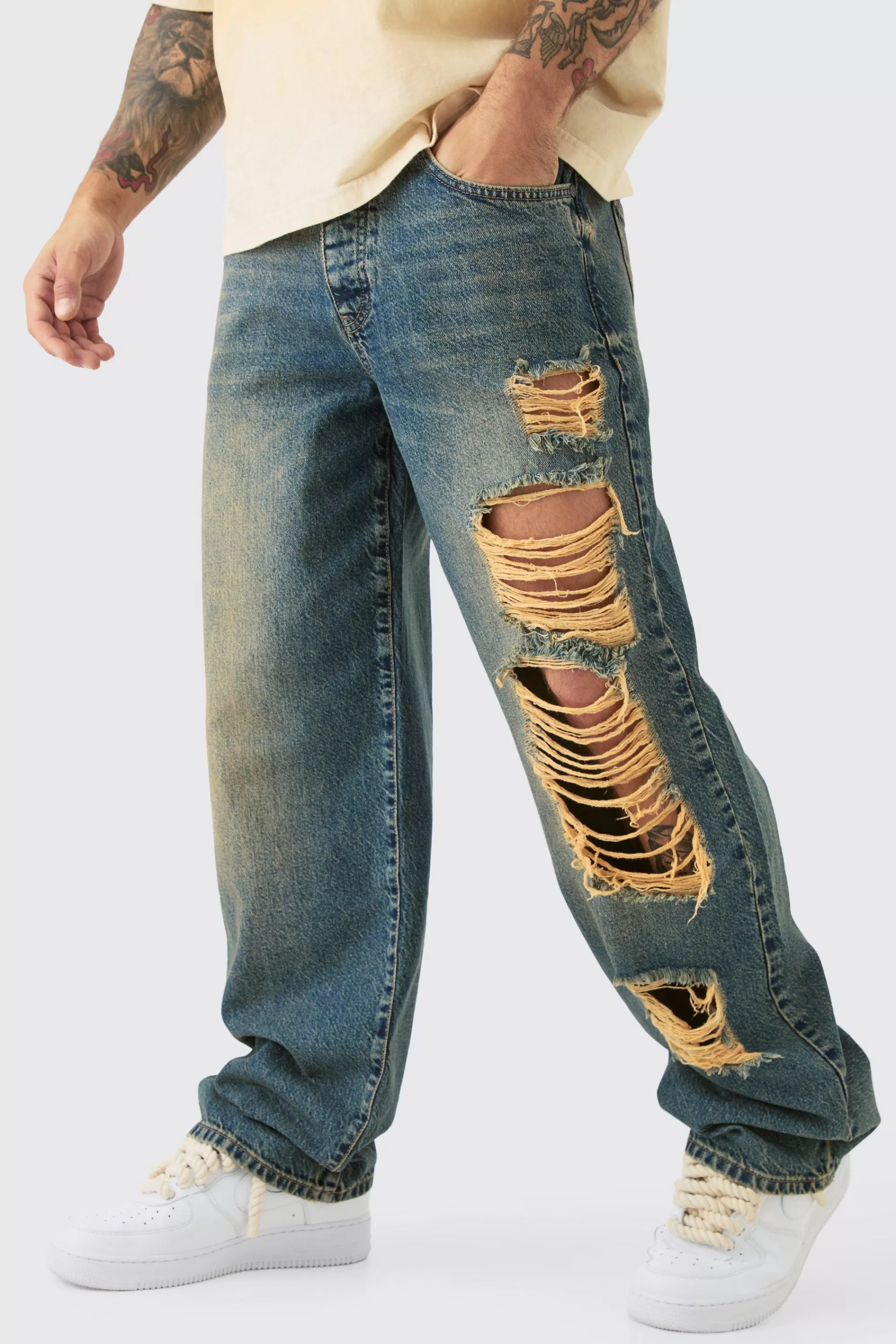 boohooMAN Baggy Rigid Ripped Denim Jean In | UK