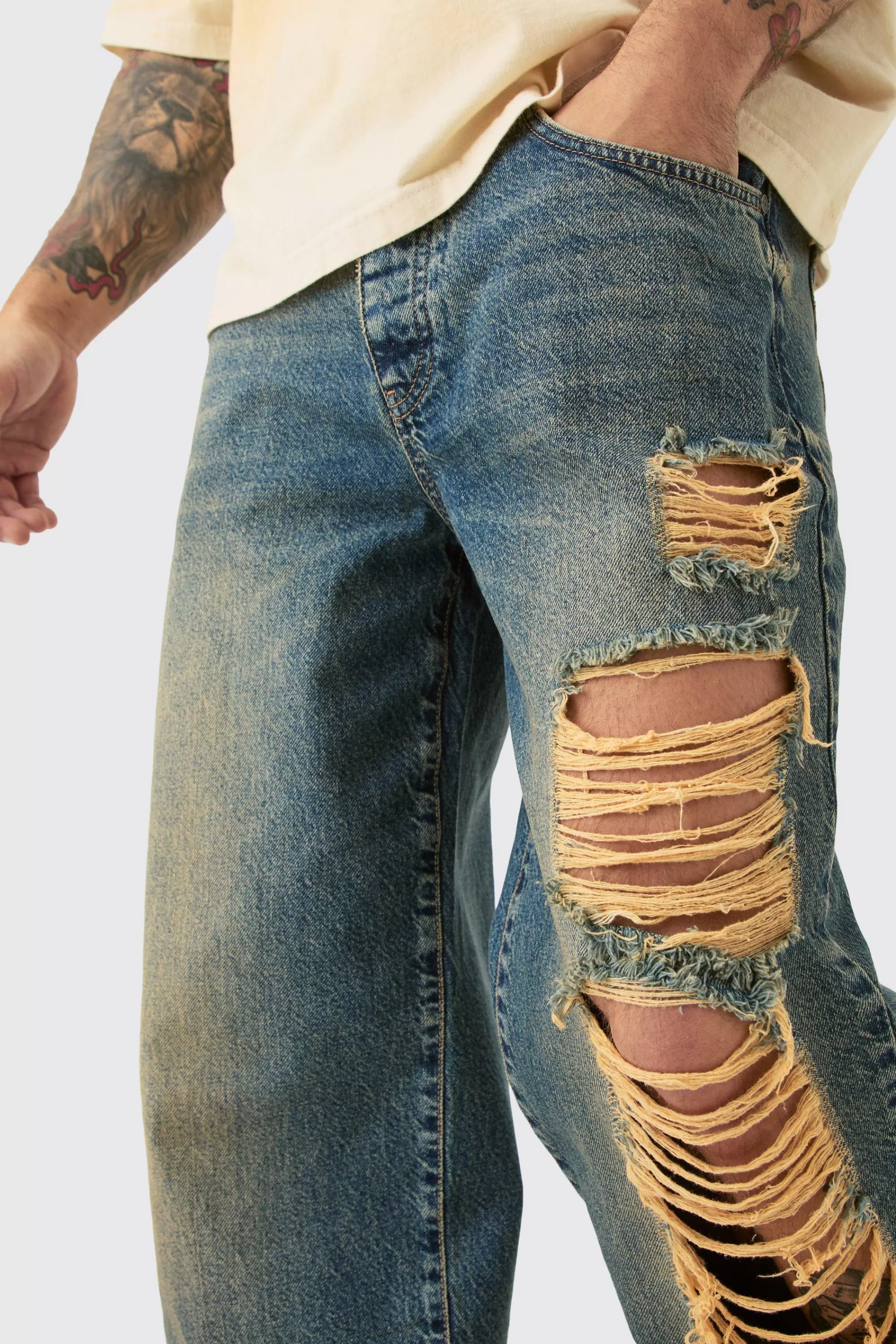 boohooMAN Baggy Rigid Ripped Denim Jean In | UK