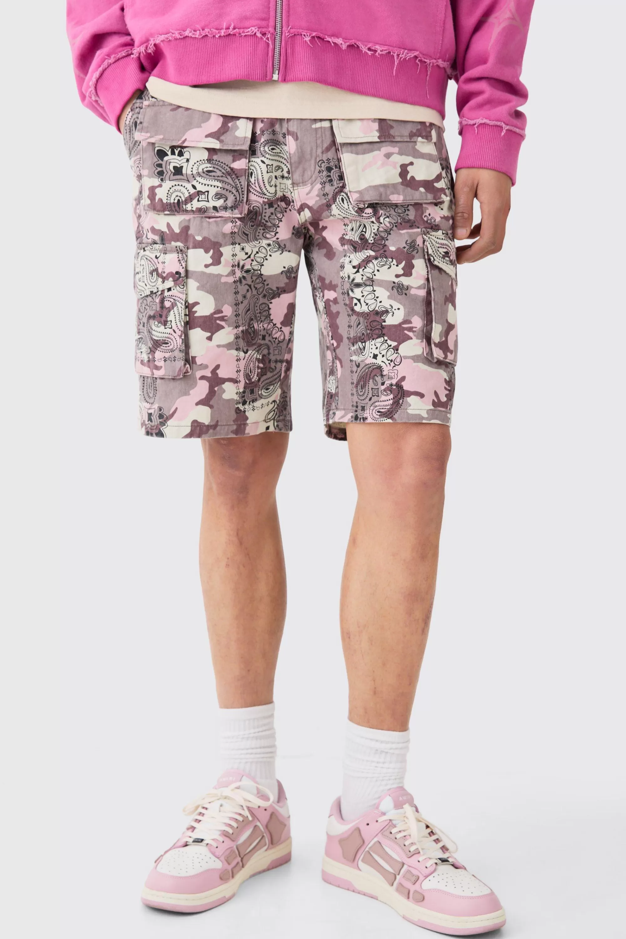 boohooMAN Bandanna Camo Fixed Waist Cargo Shorts | UK