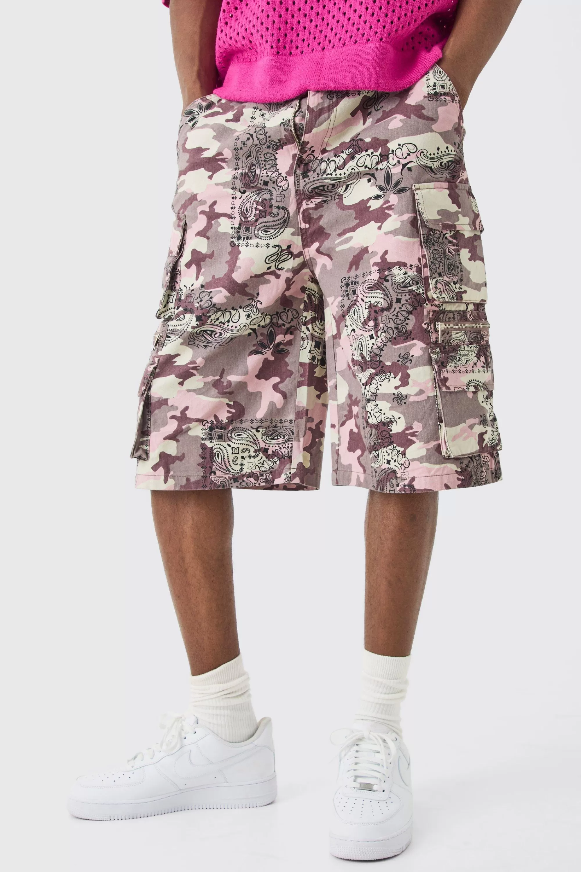 boohooMAN Bandanna Camo Fixed Waist Multi Pocket Jorts | UK
