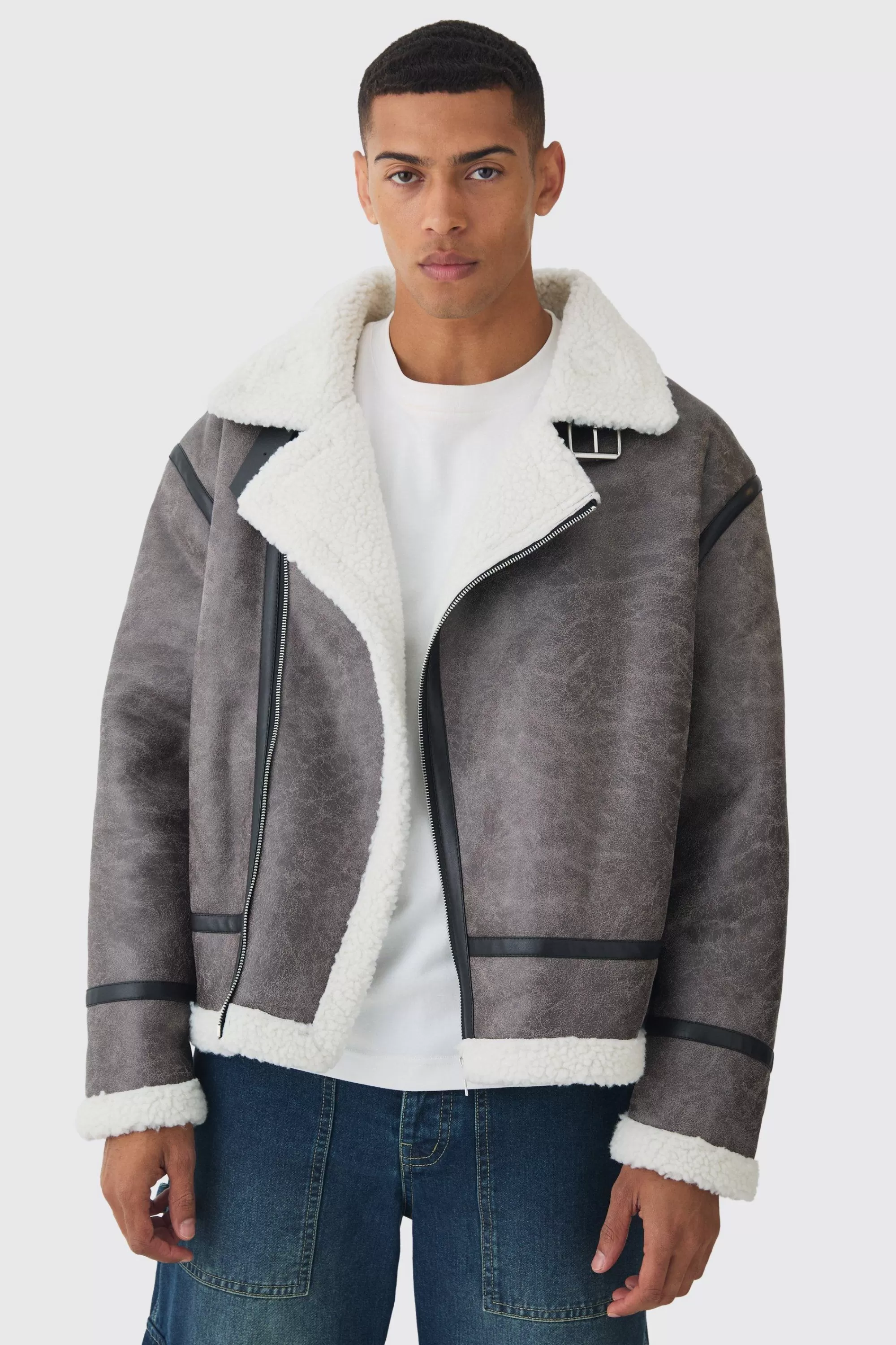 boohooMAN Biker Detail Borg Aviator Jacket In | UK