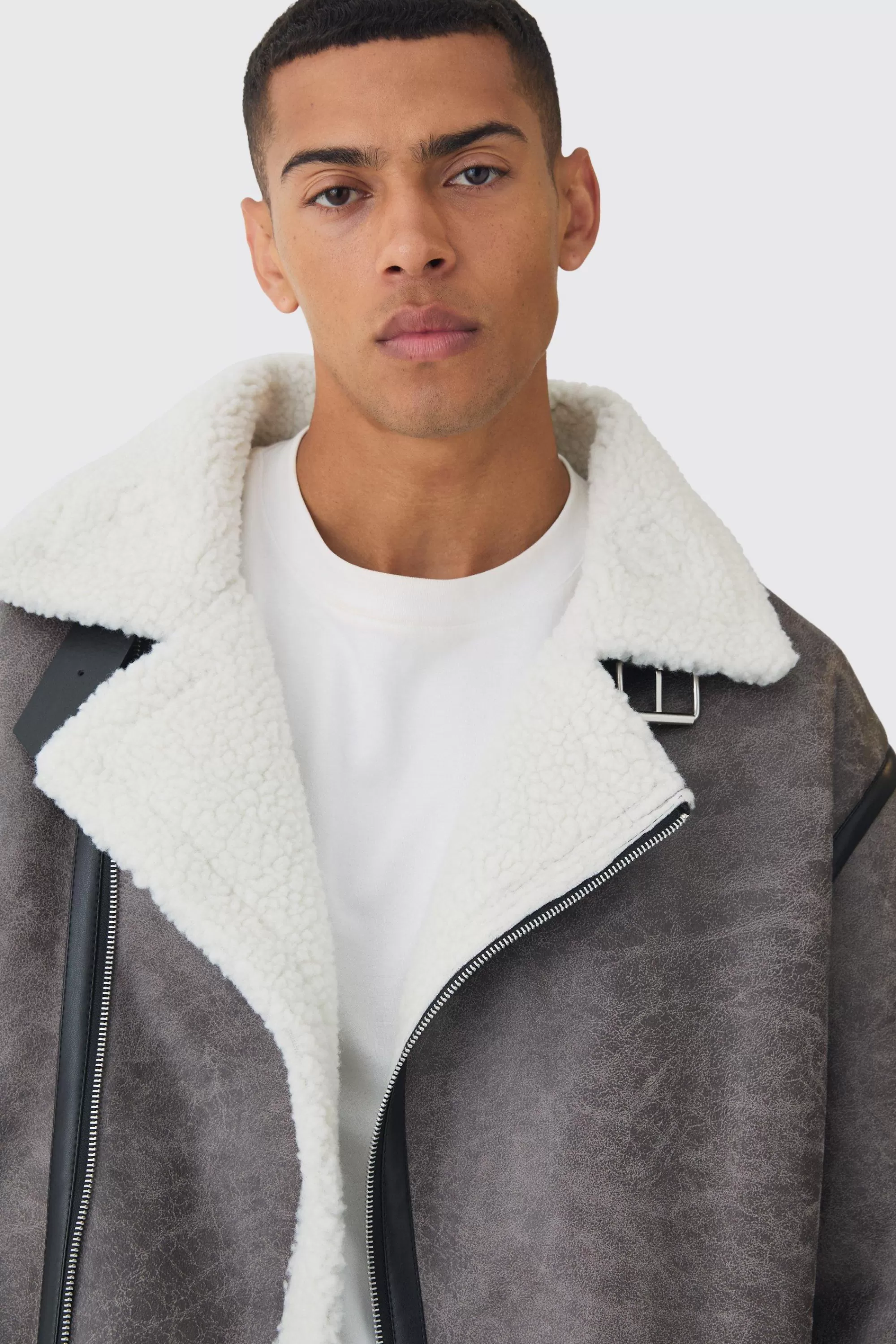 boohooMAN Biker Detail Borg Aviator Jacket In | UK
