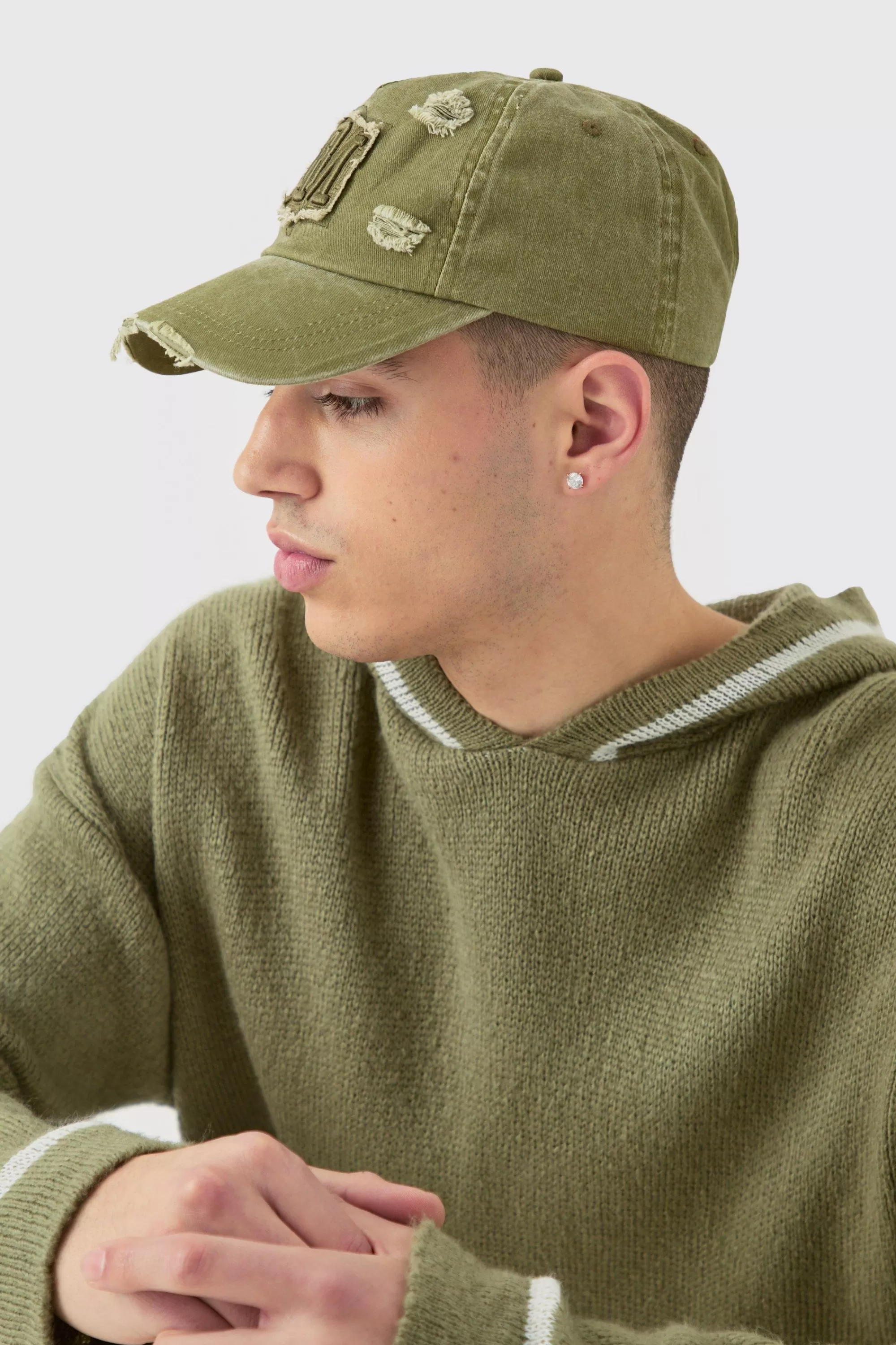 boohooMAN BM Applique Distressed Cap In | UK