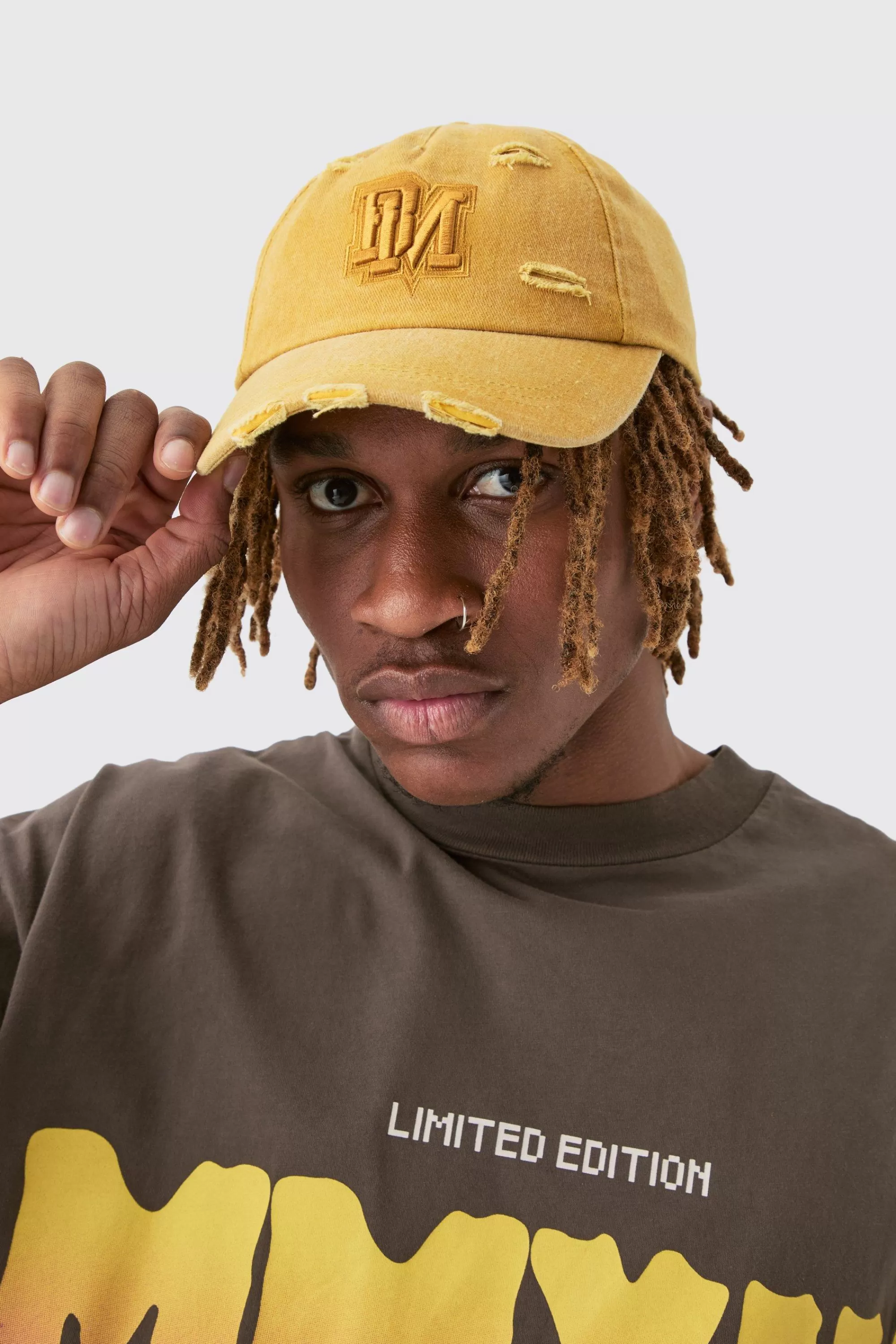 boohooMAN BM Applique Distressed Cap In | UK