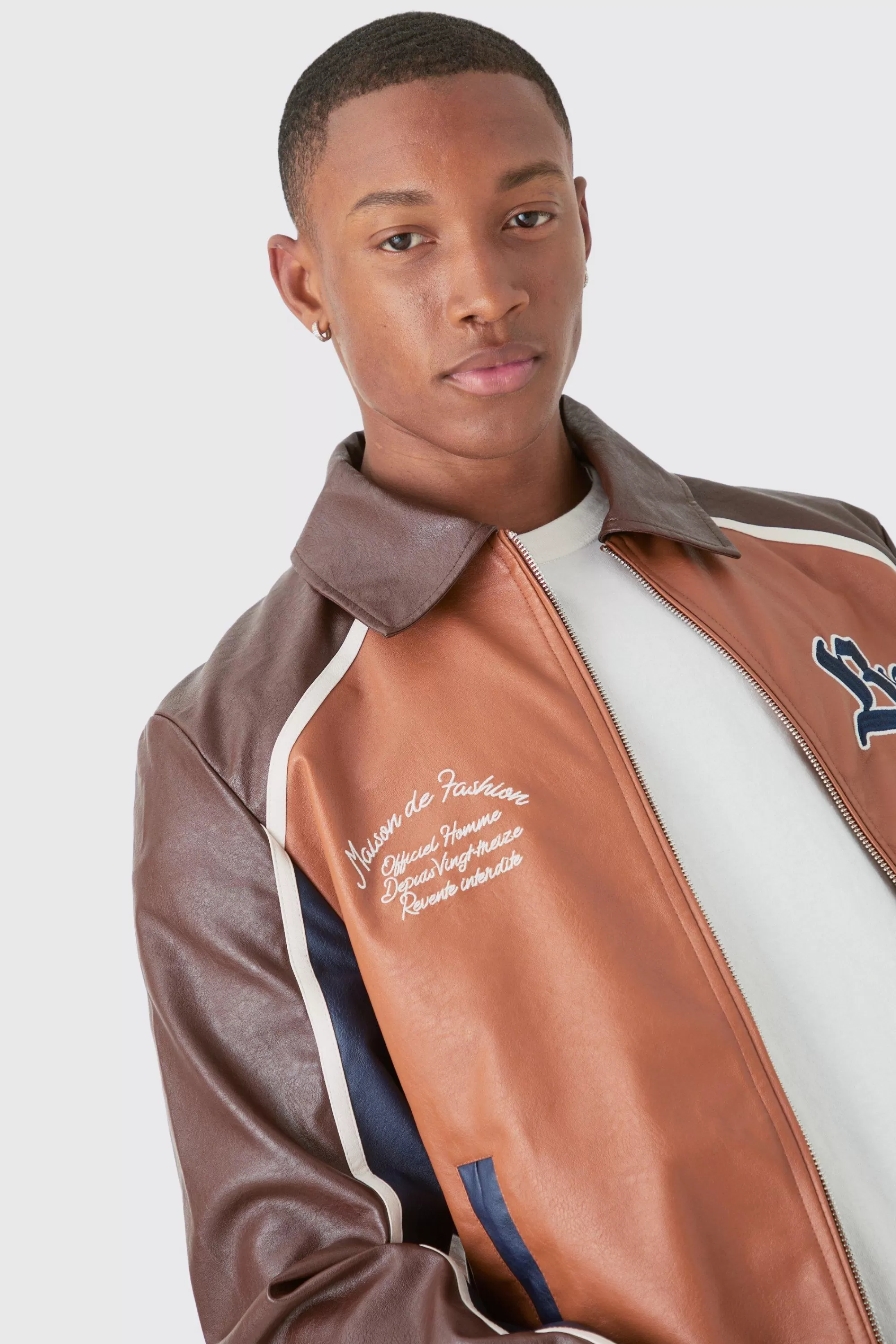 boohooMAN Bm Badge Collared Pu Varsity Jacket In | UK