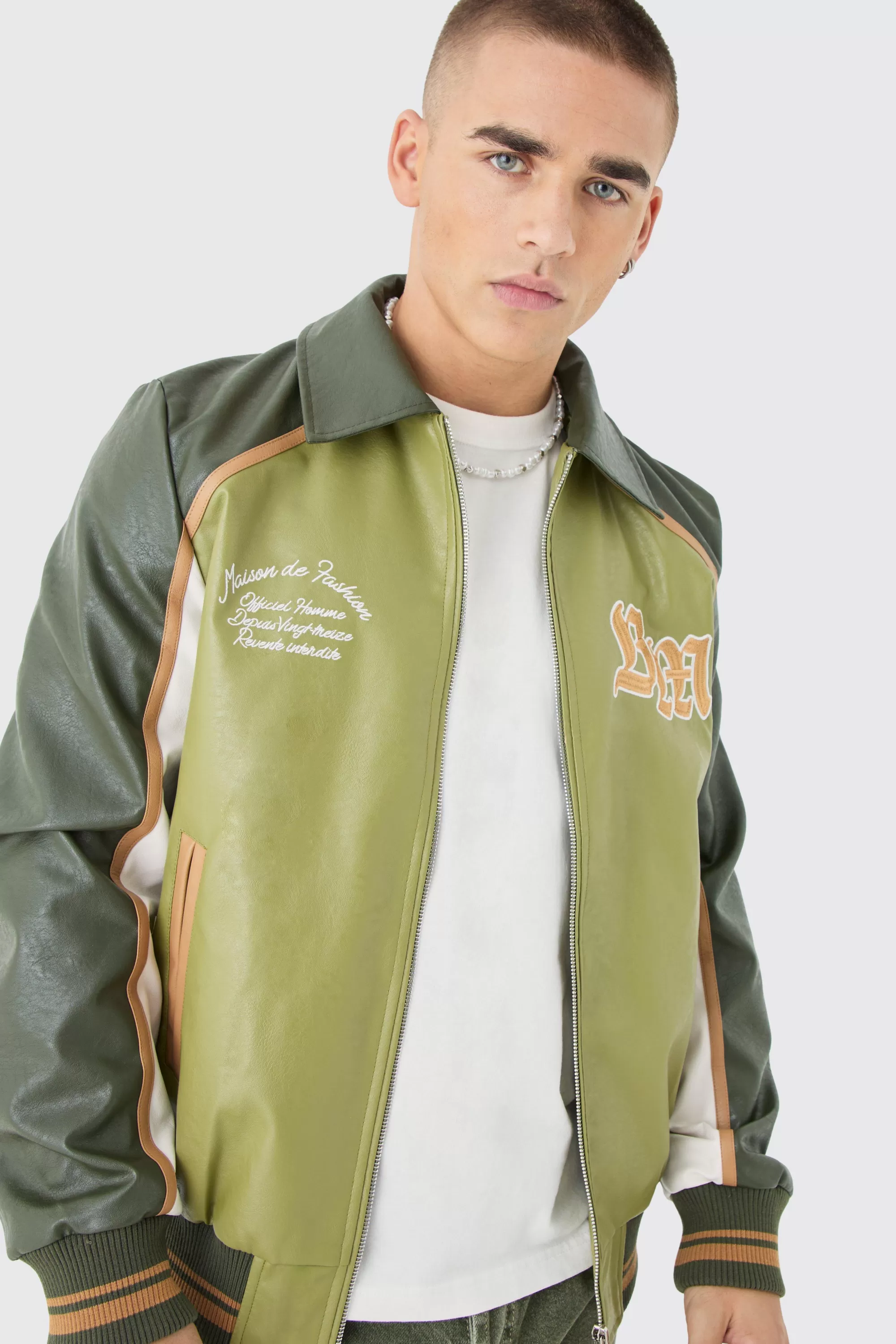 boohooMAN Bm Badge Collared Pu Varsity Jacket In | UK