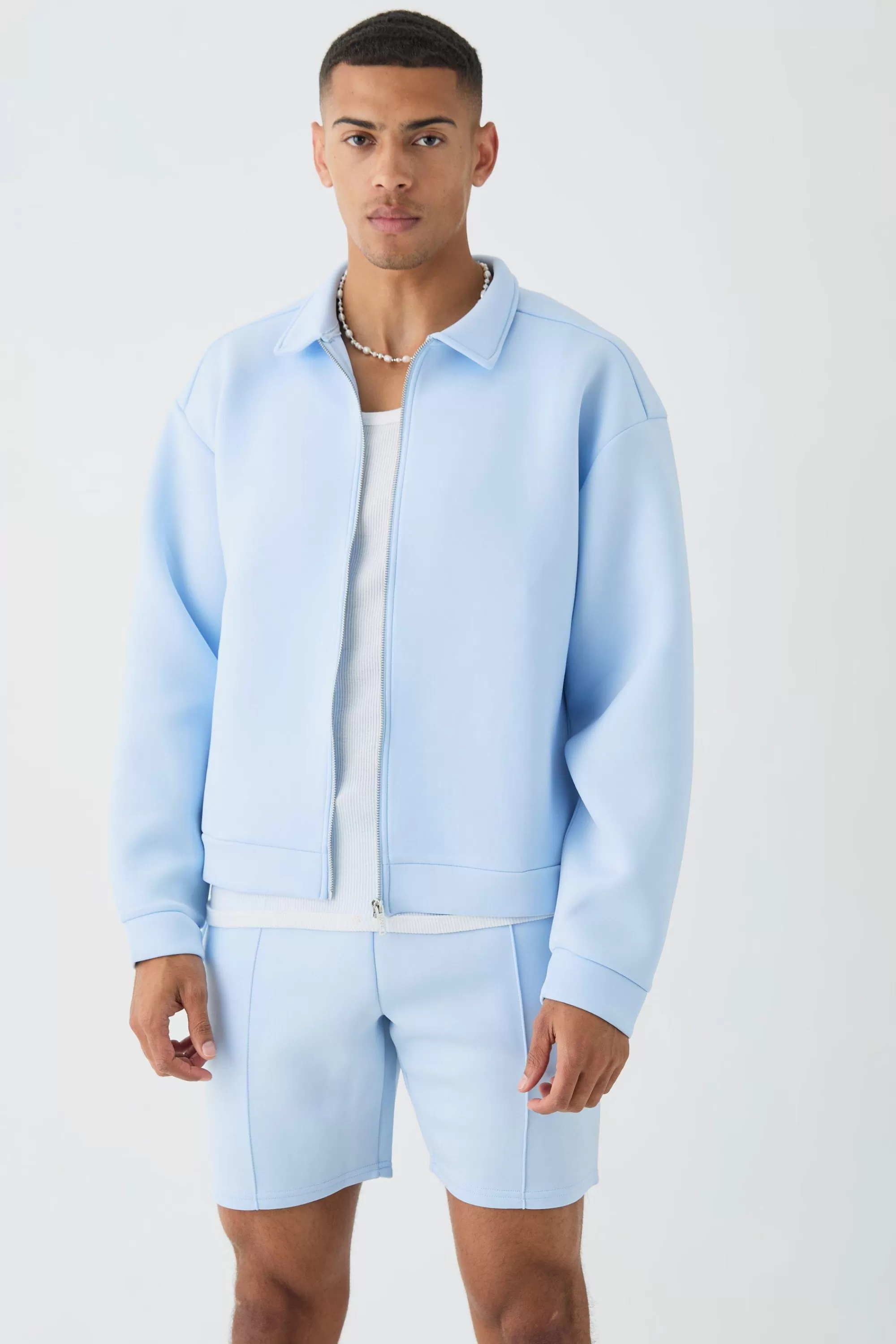 boohooMAN Bonded Scuba Harrington & Short Set | UK