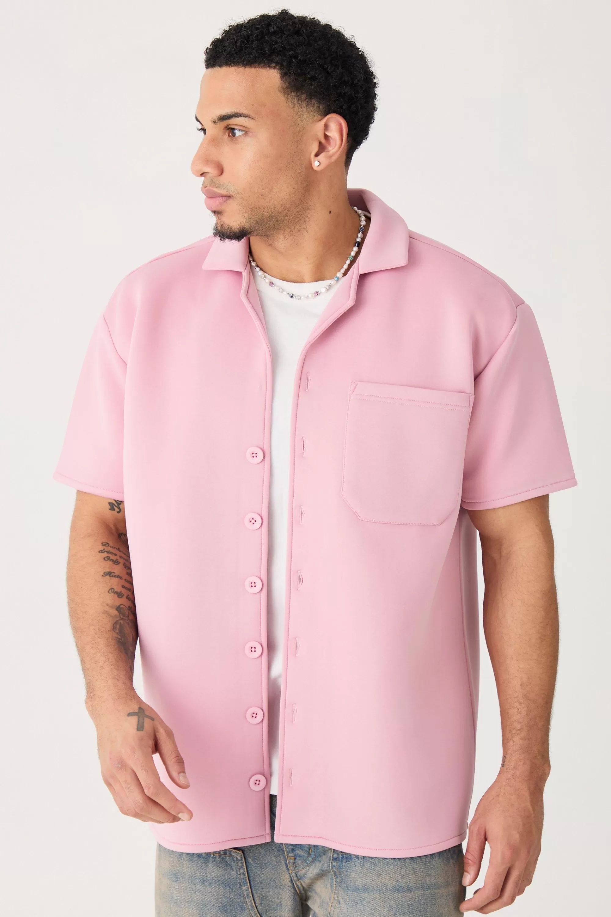boohooMAN Bonded Scuba Oversized Shirt | UK