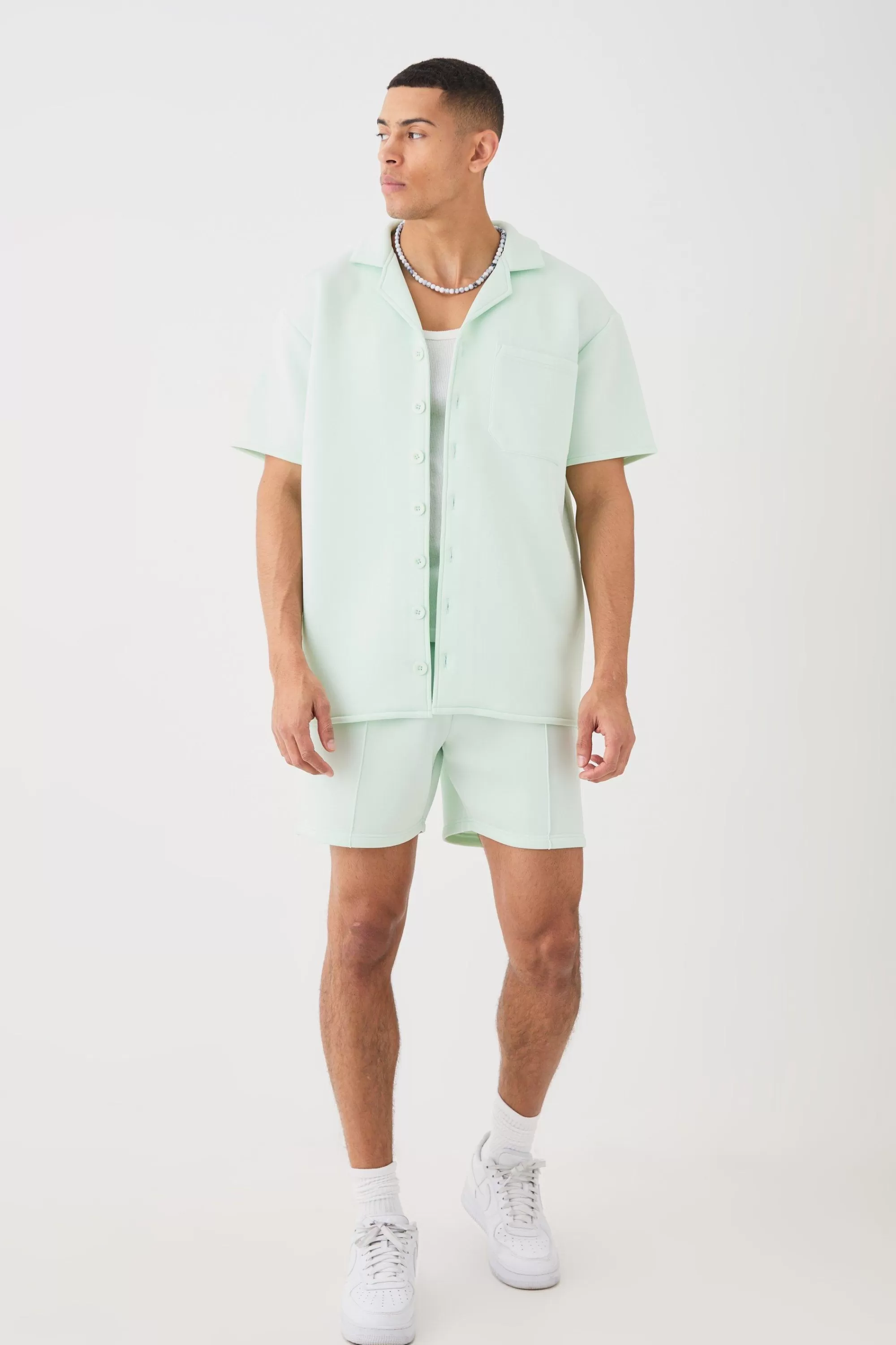 boohooMAN Bonded Scuba Oversized Shirt And Short Set | UK