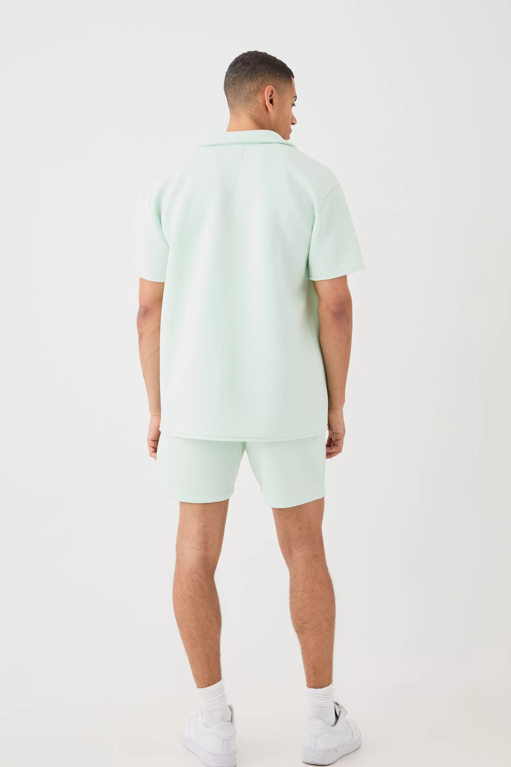 boohooMAN Bonded Scuba Oversized Shirt And Short Set | UK