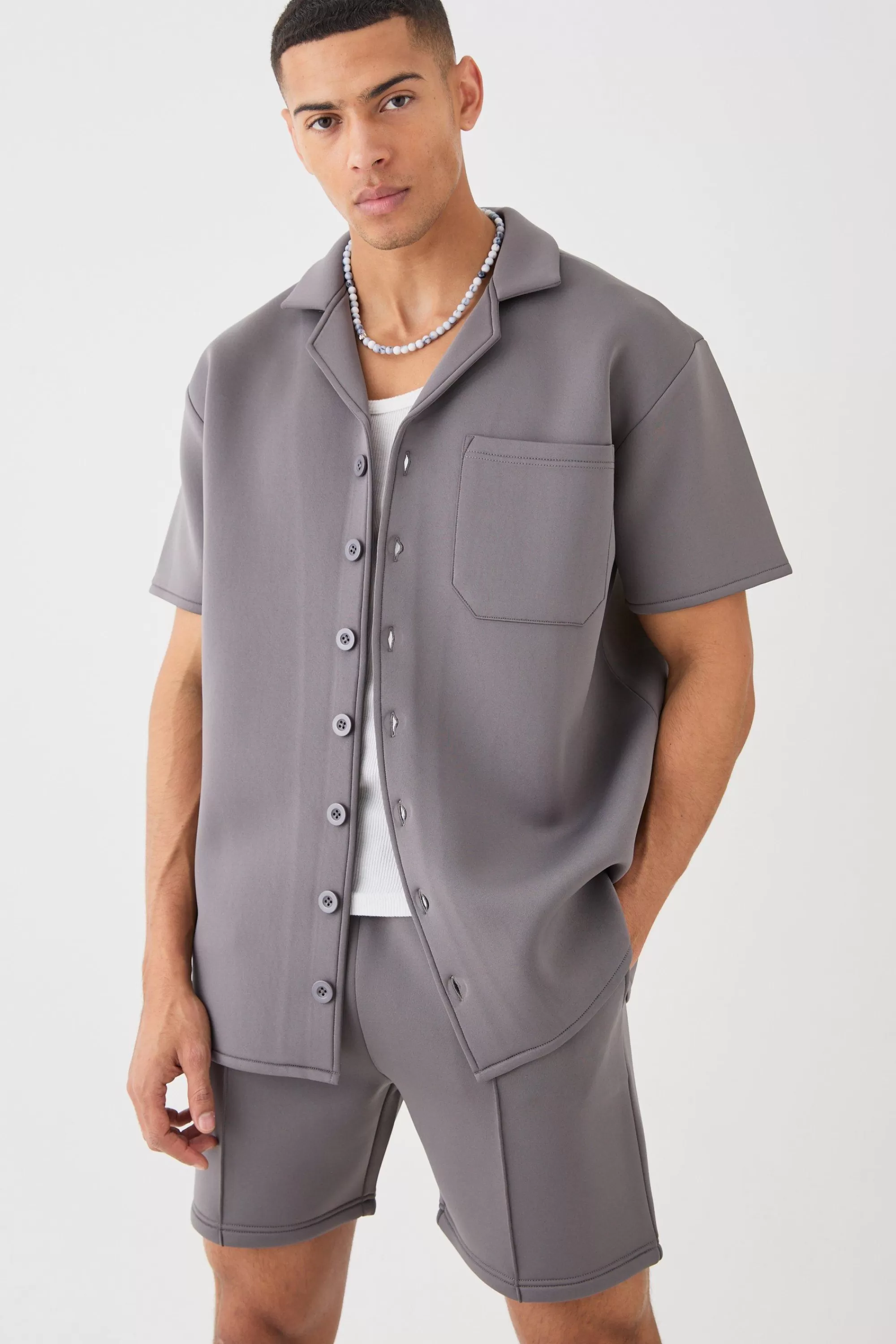 boohooMAN Bonded Scuba Oversized Shirt And Short Set | UK