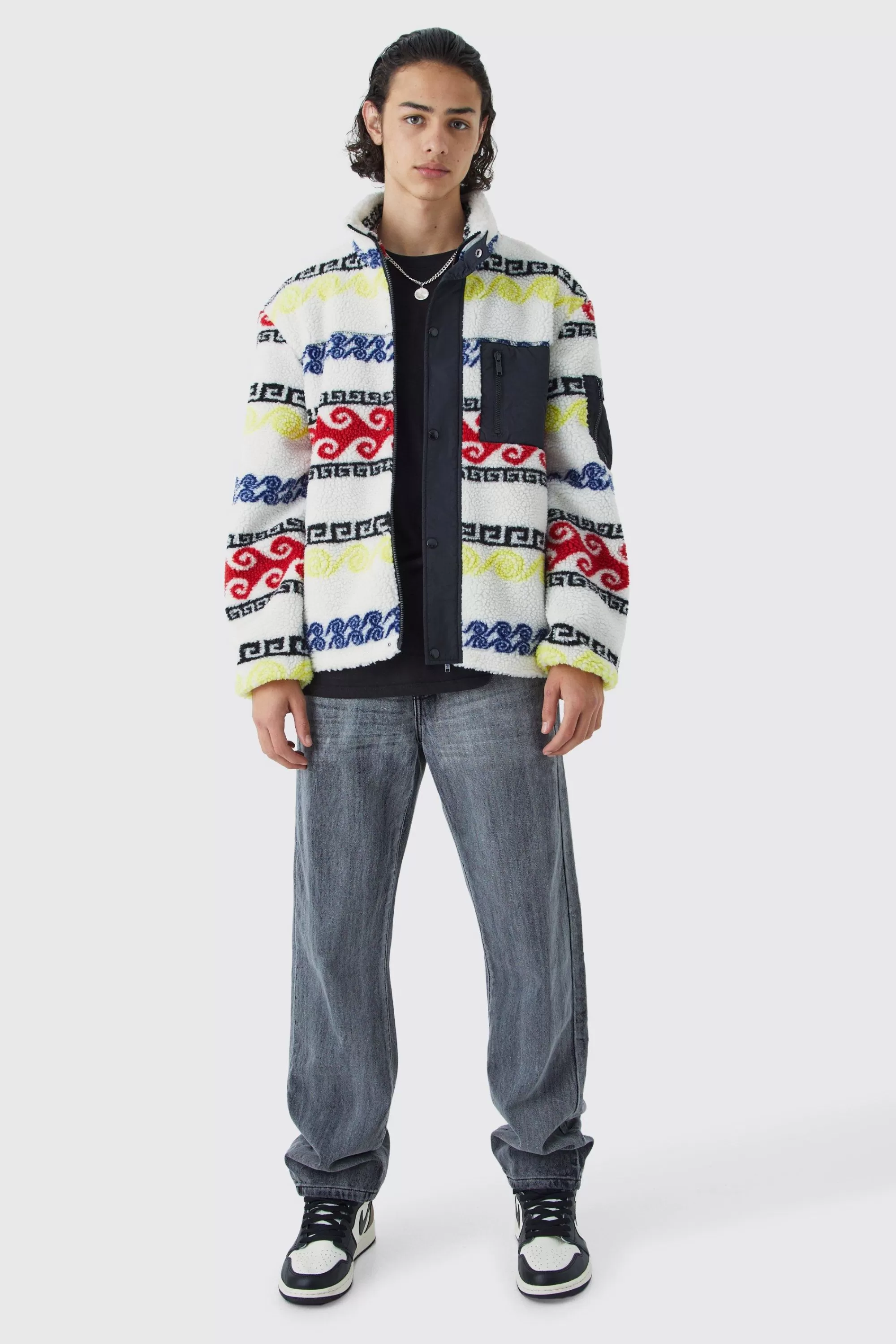boohooMAN Borg & Nylon Mix Aztec Funnel Neck Jacket | UK