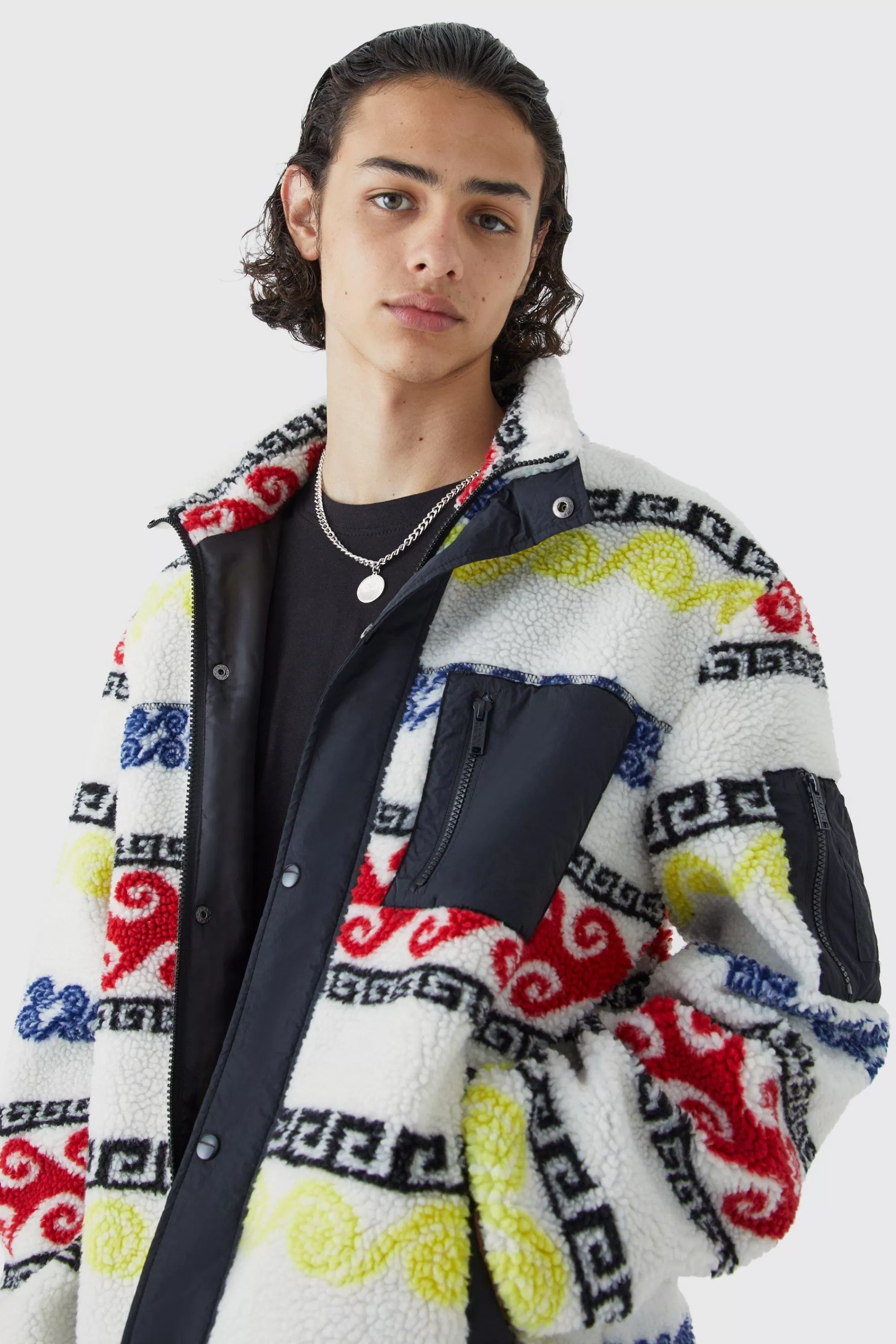 boohooMAN Borg & Nylon Mix Aztec Funnel Neck Jacket | UK