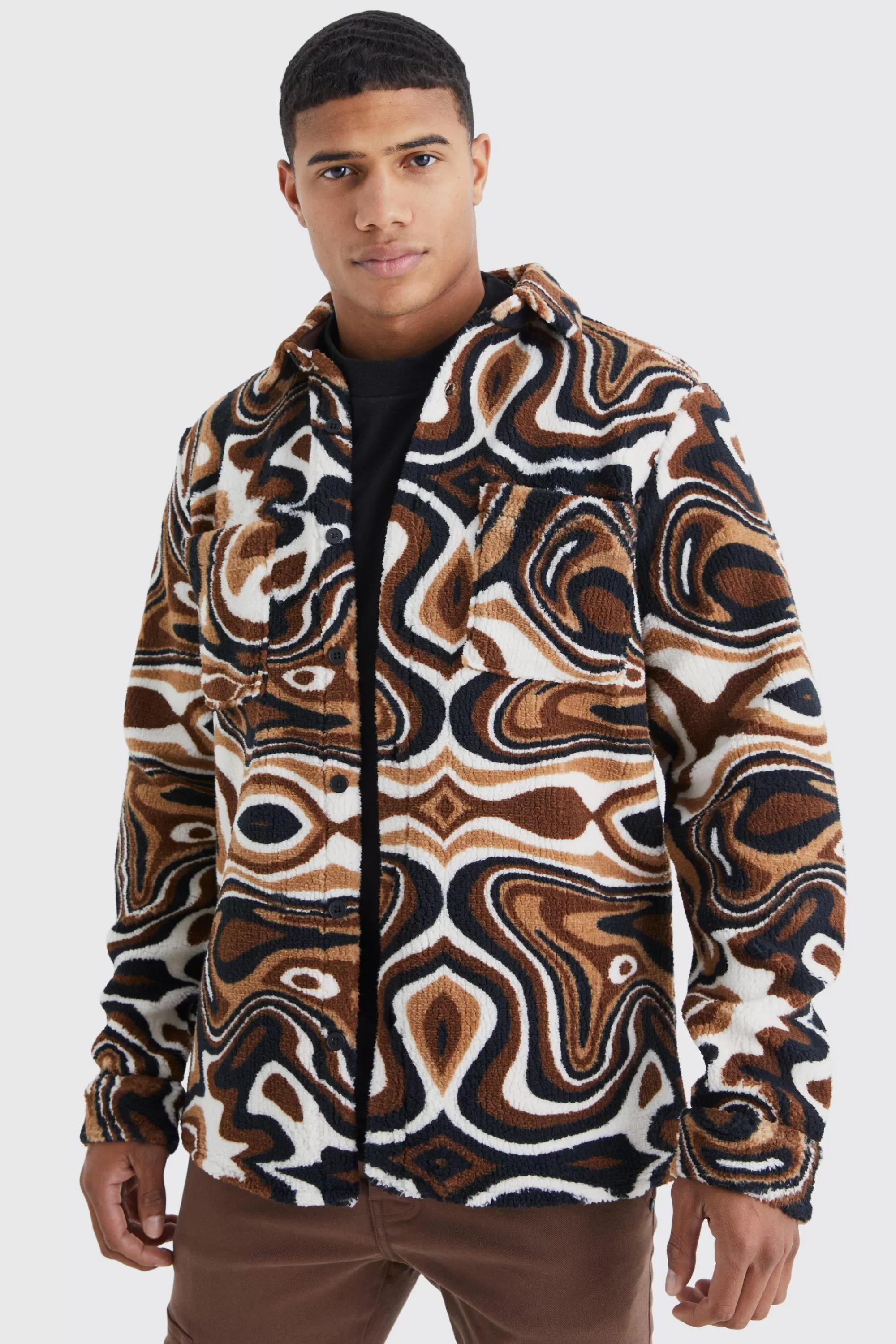boohooMAN Borg Abstract Pocket Overshirt | UK