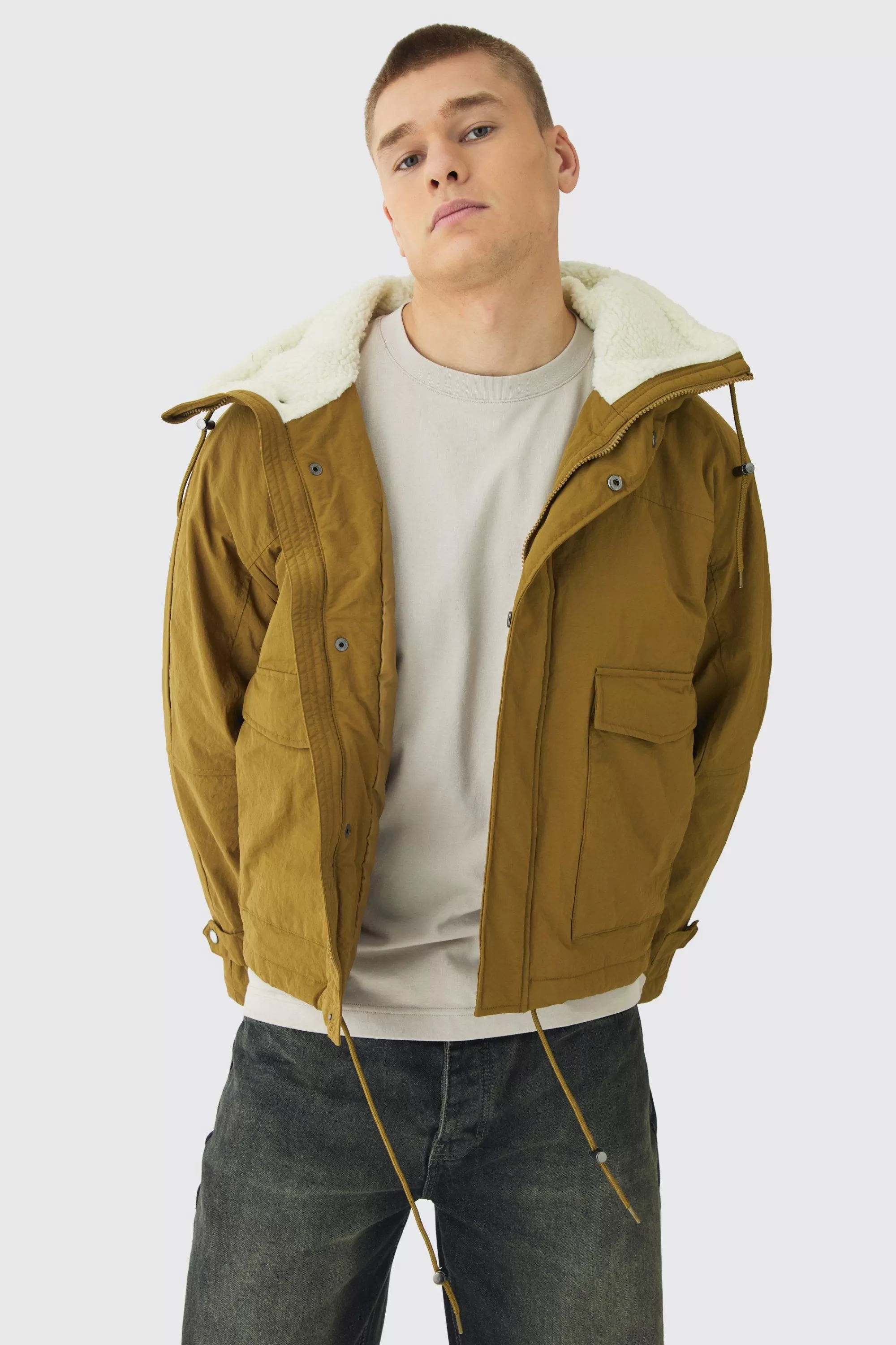 boohooMAN Borg Collar Parka In | UK