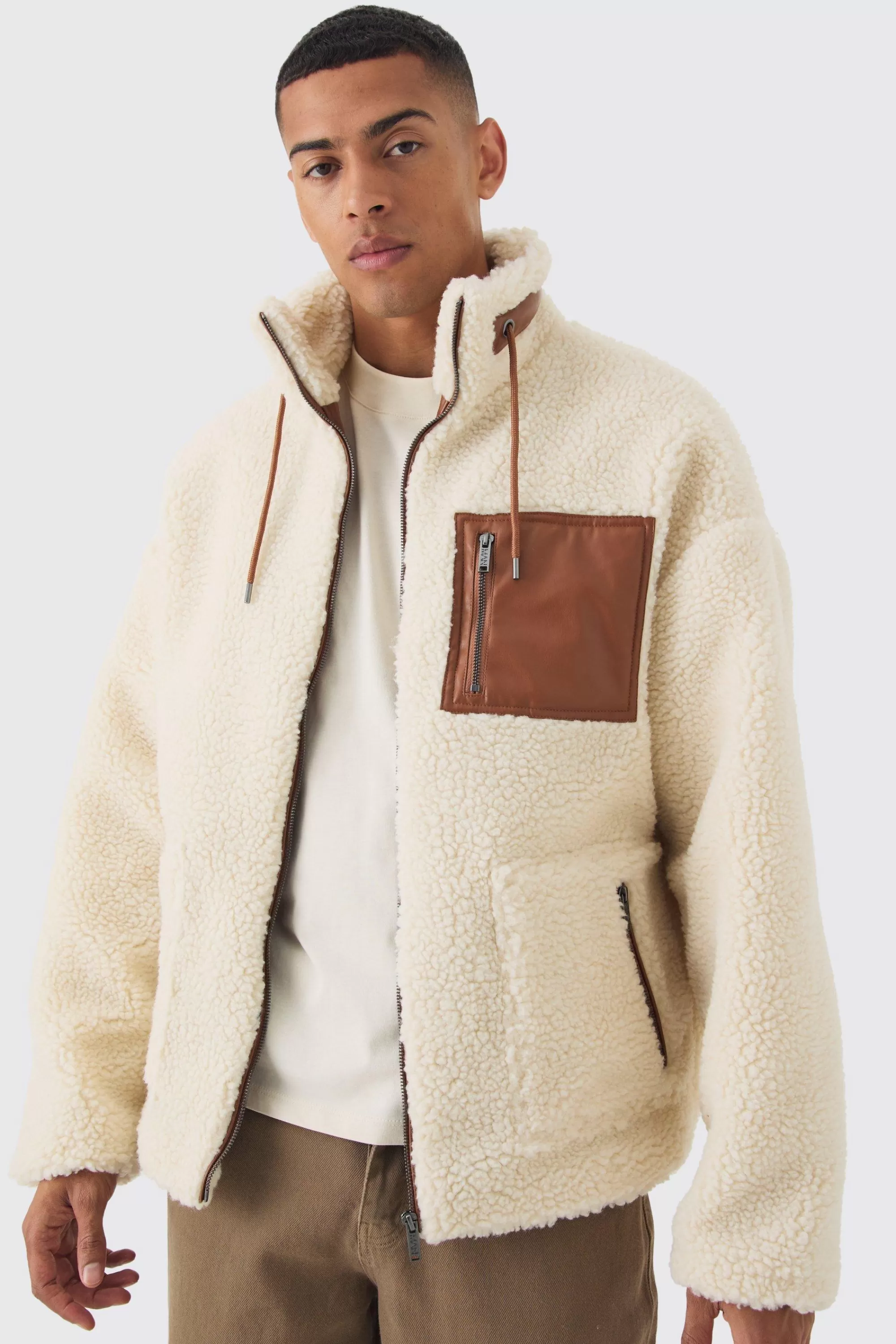 boohooMAN Borg Funnel Neck Pu Pocket Jacket In | UK