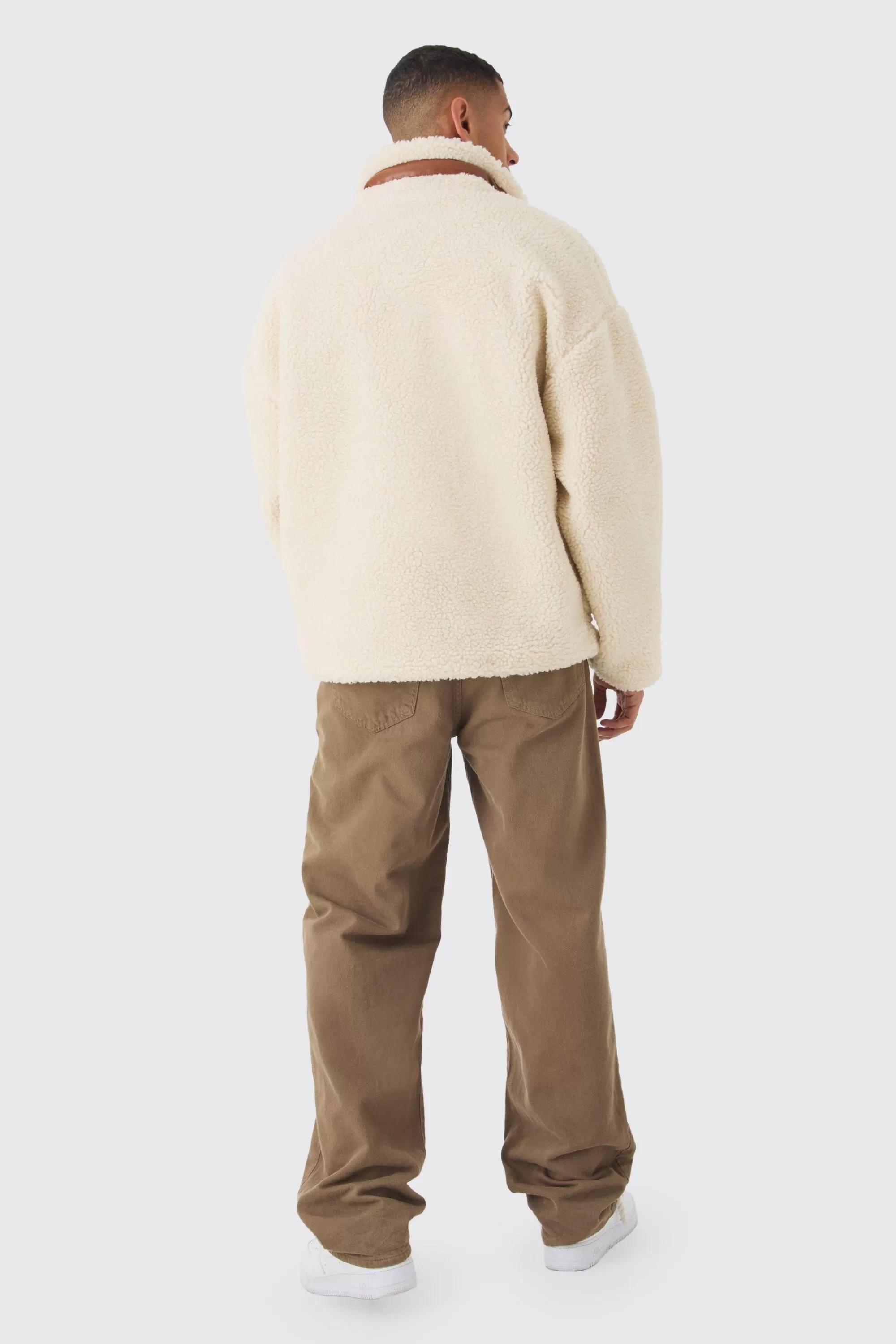 boohooMAN Borg Funnel Neck Pu Pocket Jacket In | UK