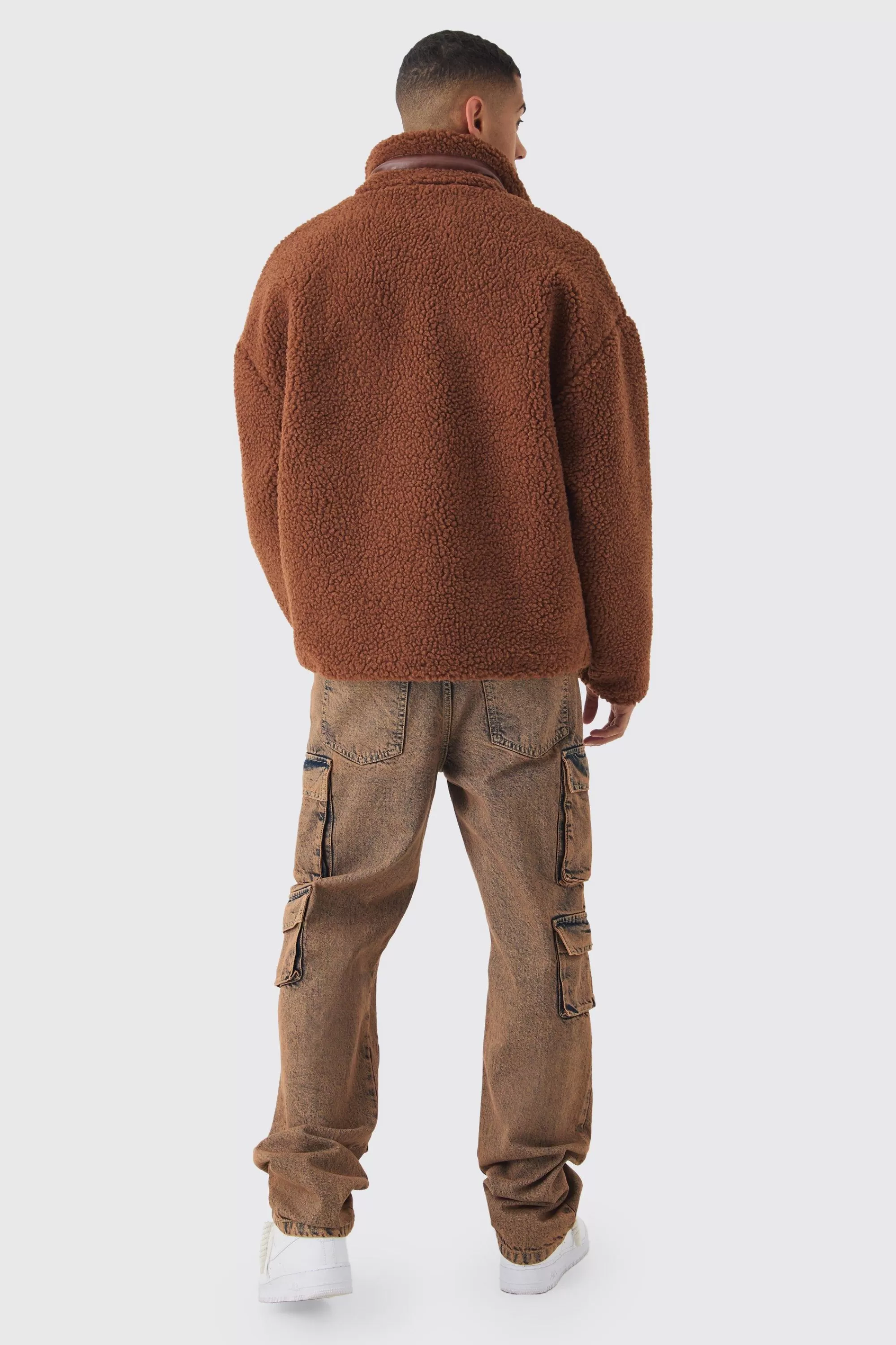 boohooMAN Borg Funnel Neck Pu Pocket Jacket In | UK