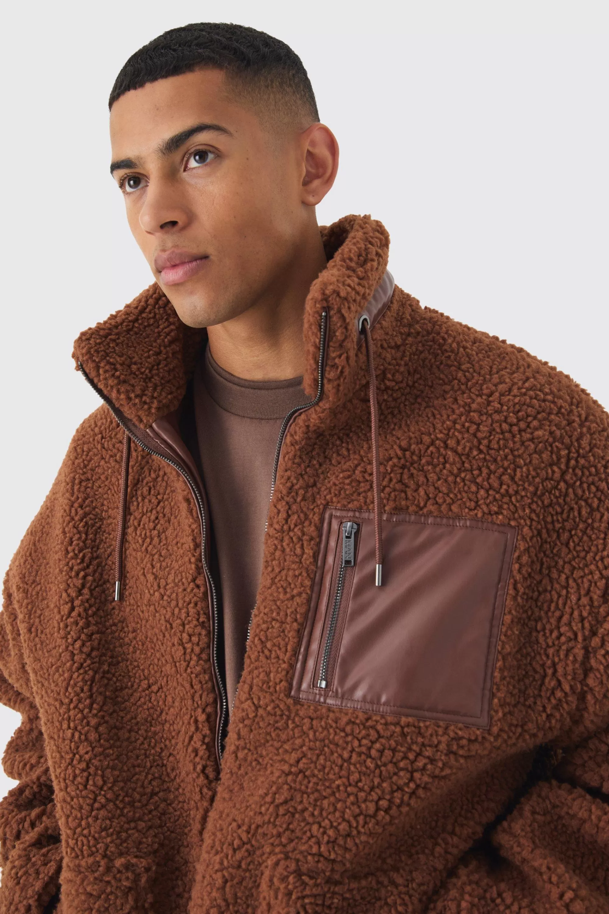 boohooMAN Borg Funnel Neck Pu Pocket Jacket In | UK