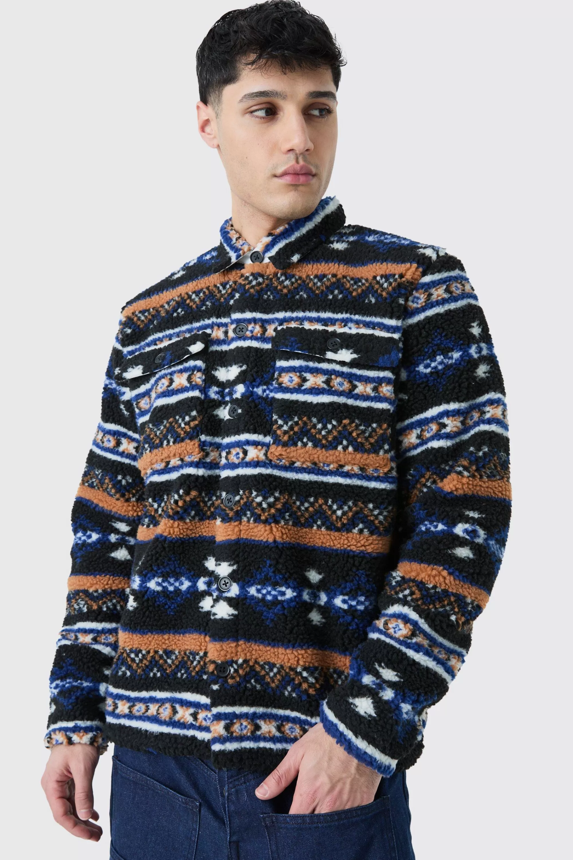 boohooMAN Borg Patch Pocket Aztec Overshirt | UK