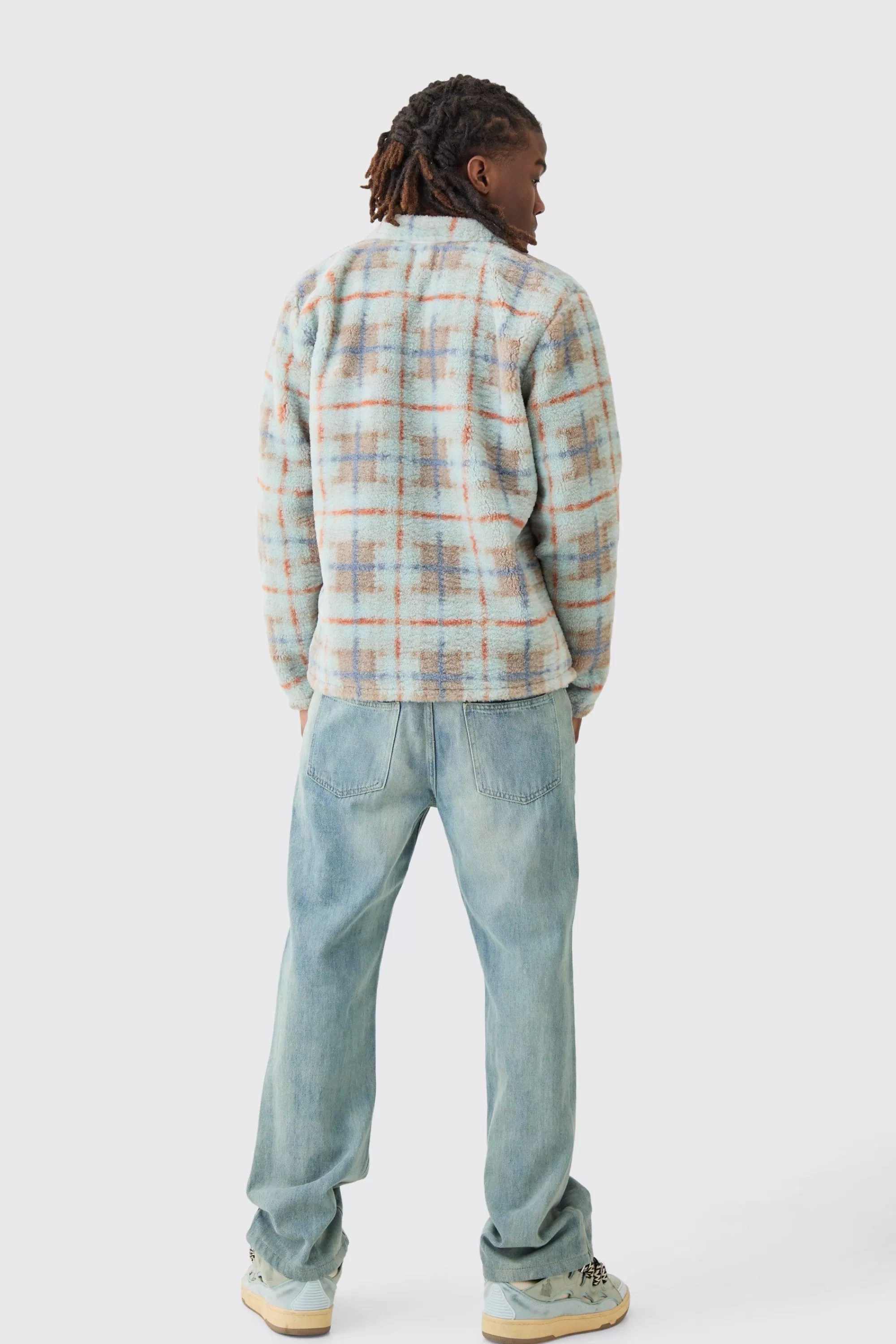 boohooMAN Borg Patch Pocket Tonal Check Overshirt | UK