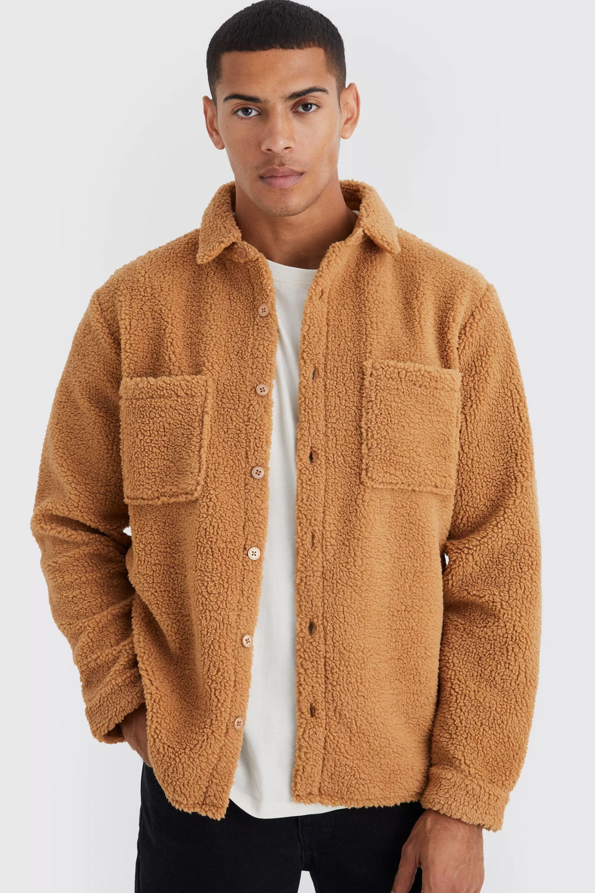 boohooMAN Borg Patch Pocket Utility Overshirt | UK