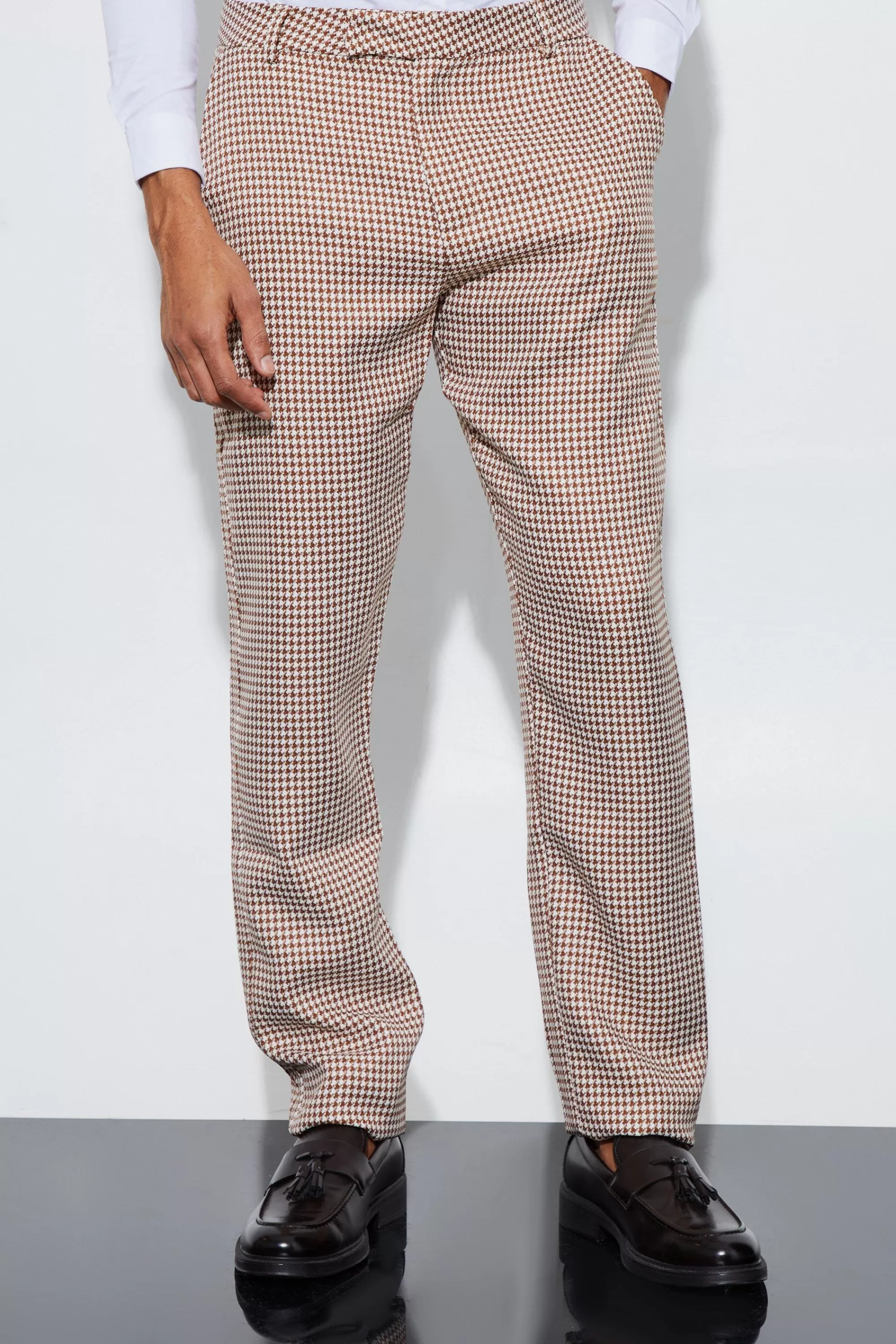 boohooMAN Boucle Houndstooth Straight Fit Trousers | UK