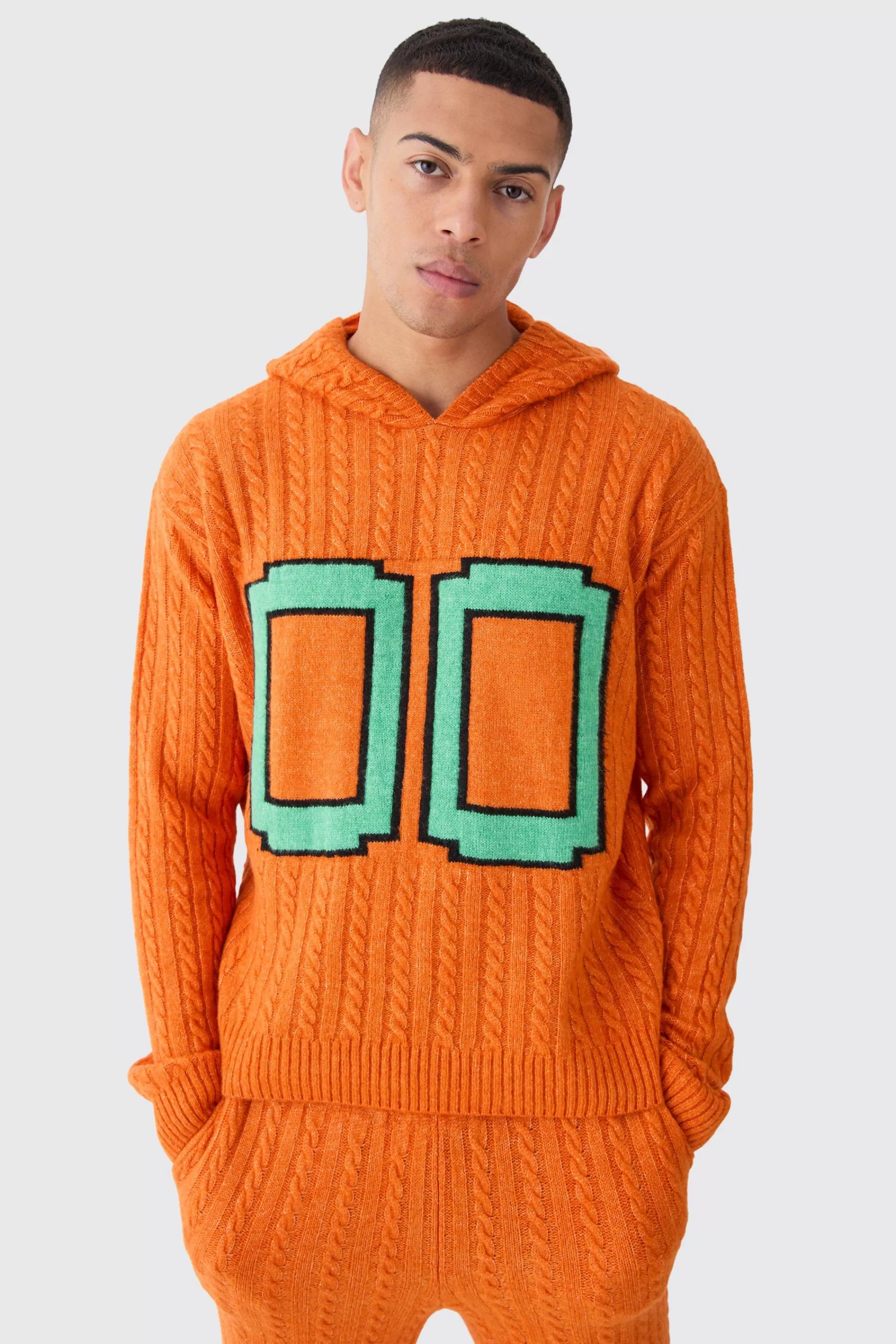 boohooMAN Boxy 00 Brushed Cable Knitted Hoodie | UK
