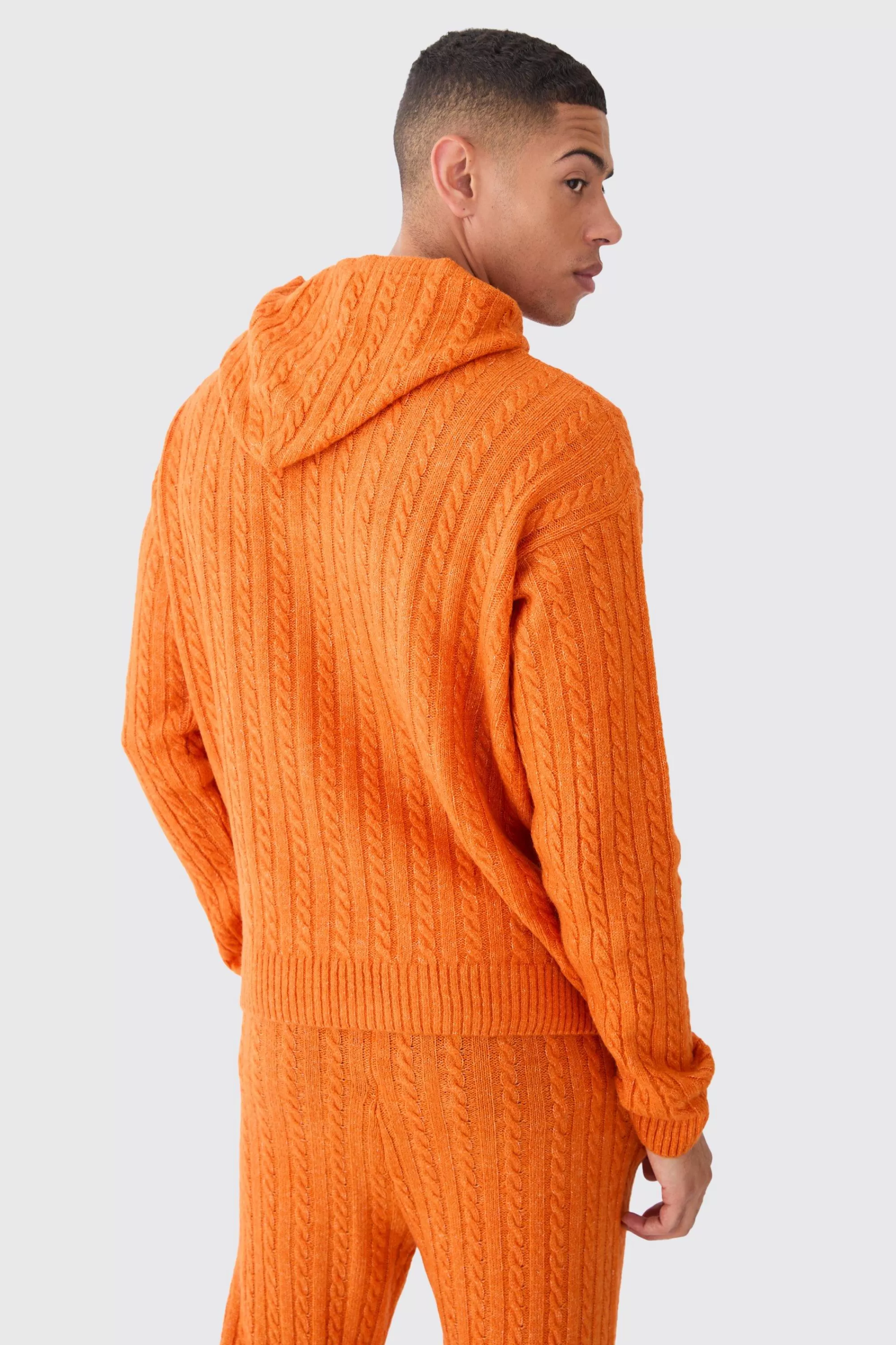 boohooMAN Boxy 00 Brushed Cable Knitted Hoodie | UK