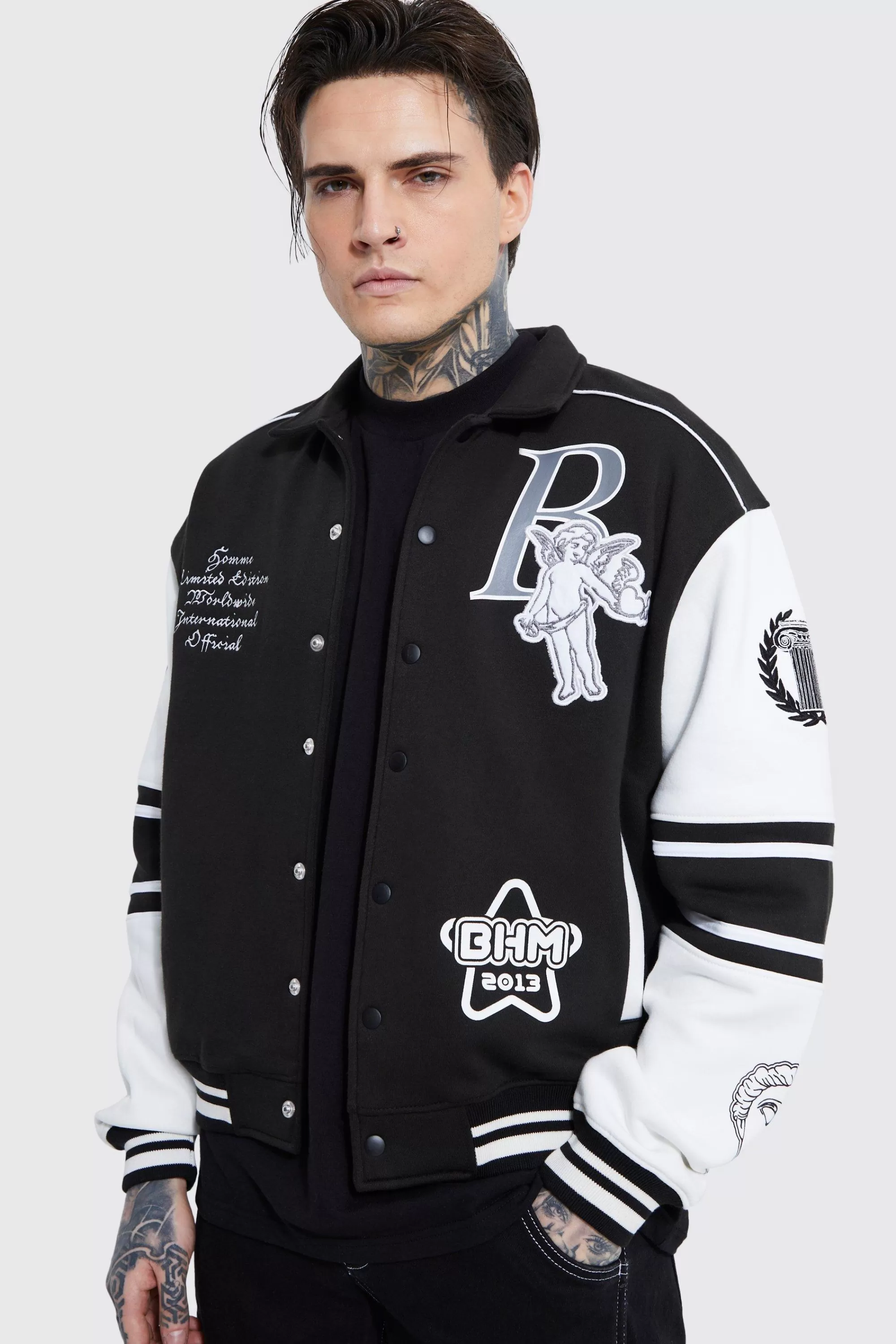 boohooMAN Boxy 13 Applique Jersey Varsity Harrington Jacket | UK