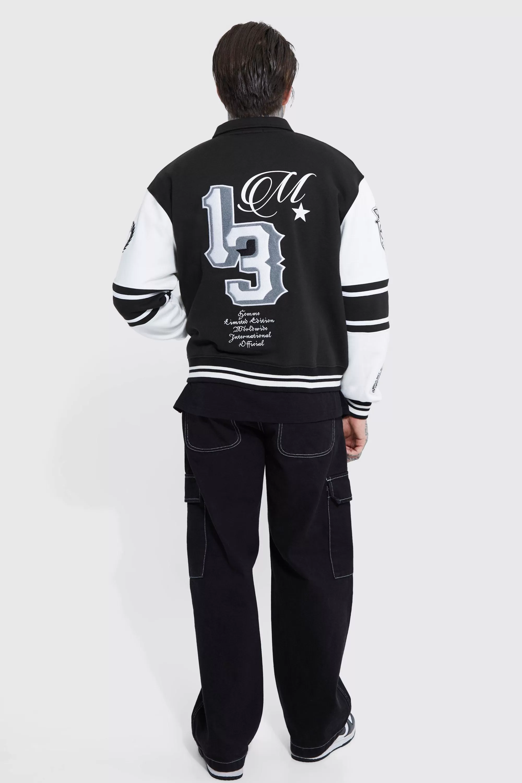 boohooMAN Boxy 13 Applique Jersey Varsity Harrington Jacket | UK