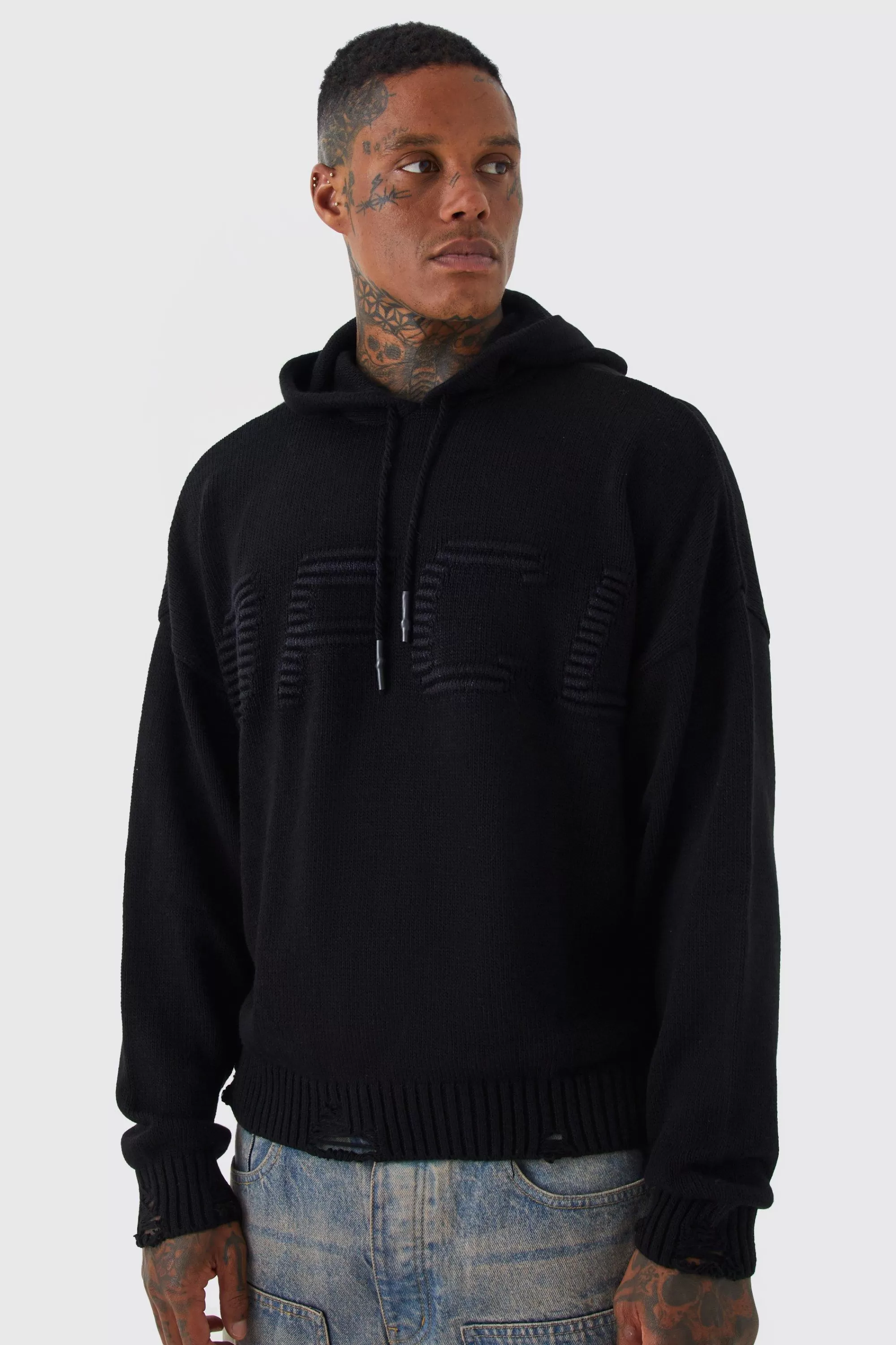 boohooMAN Boxy 3d Ofcl Knitted Hoodie | UK