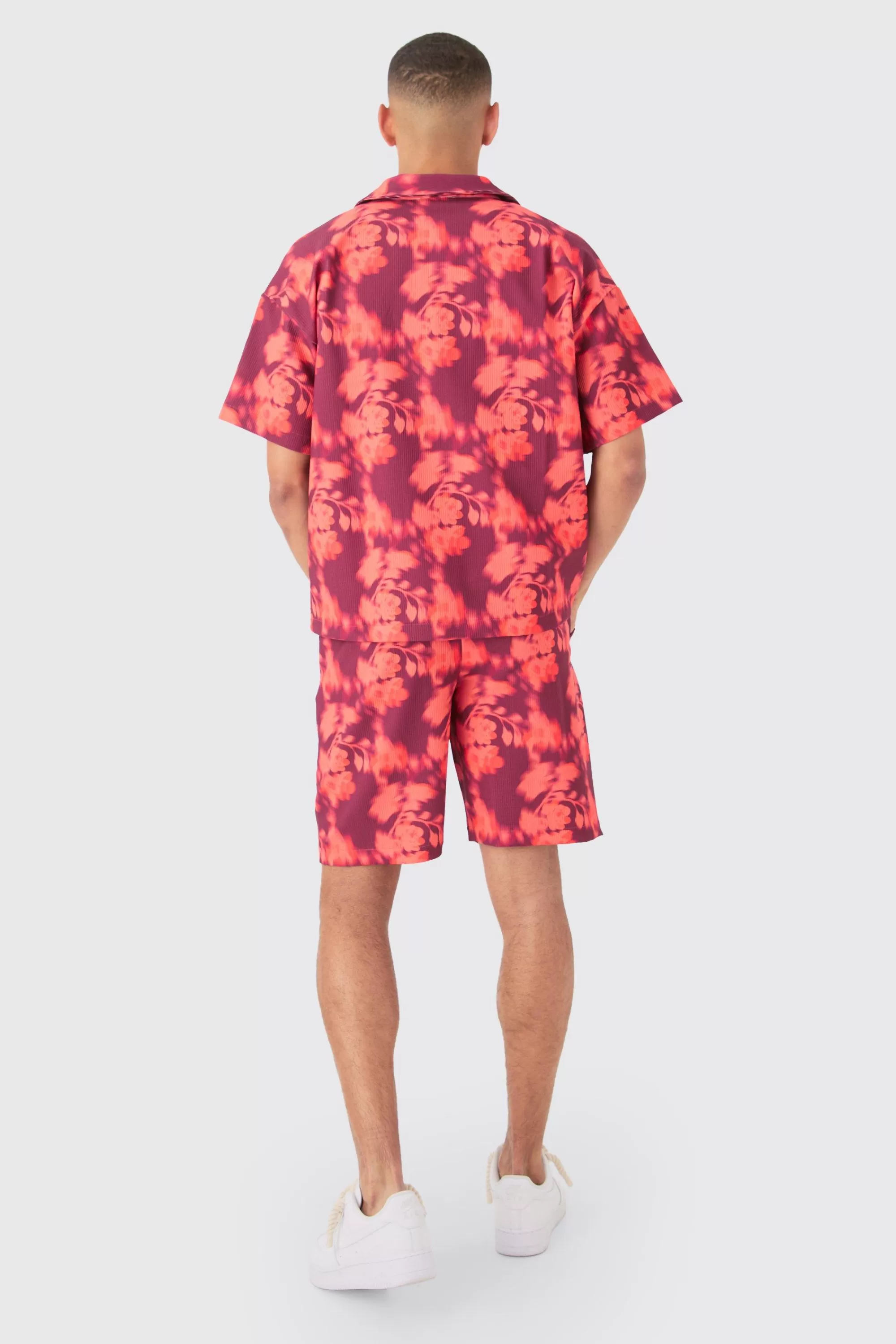 boohooMAN Boxy Abstract Floral Printed Pleated Shirt & Short Set | UK