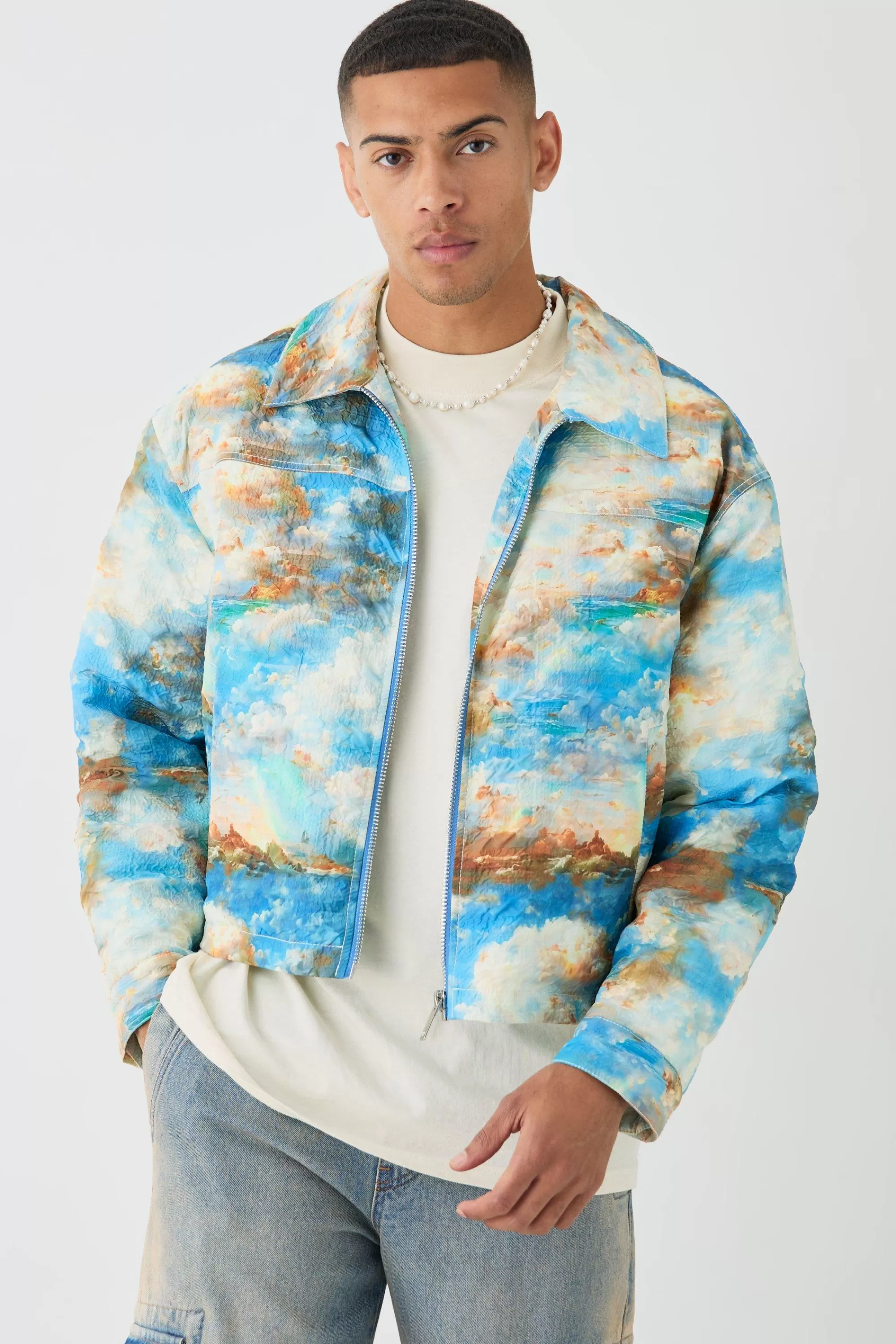 boohooMAN Boxy Abstract Print Harrington Jacket In | UK
