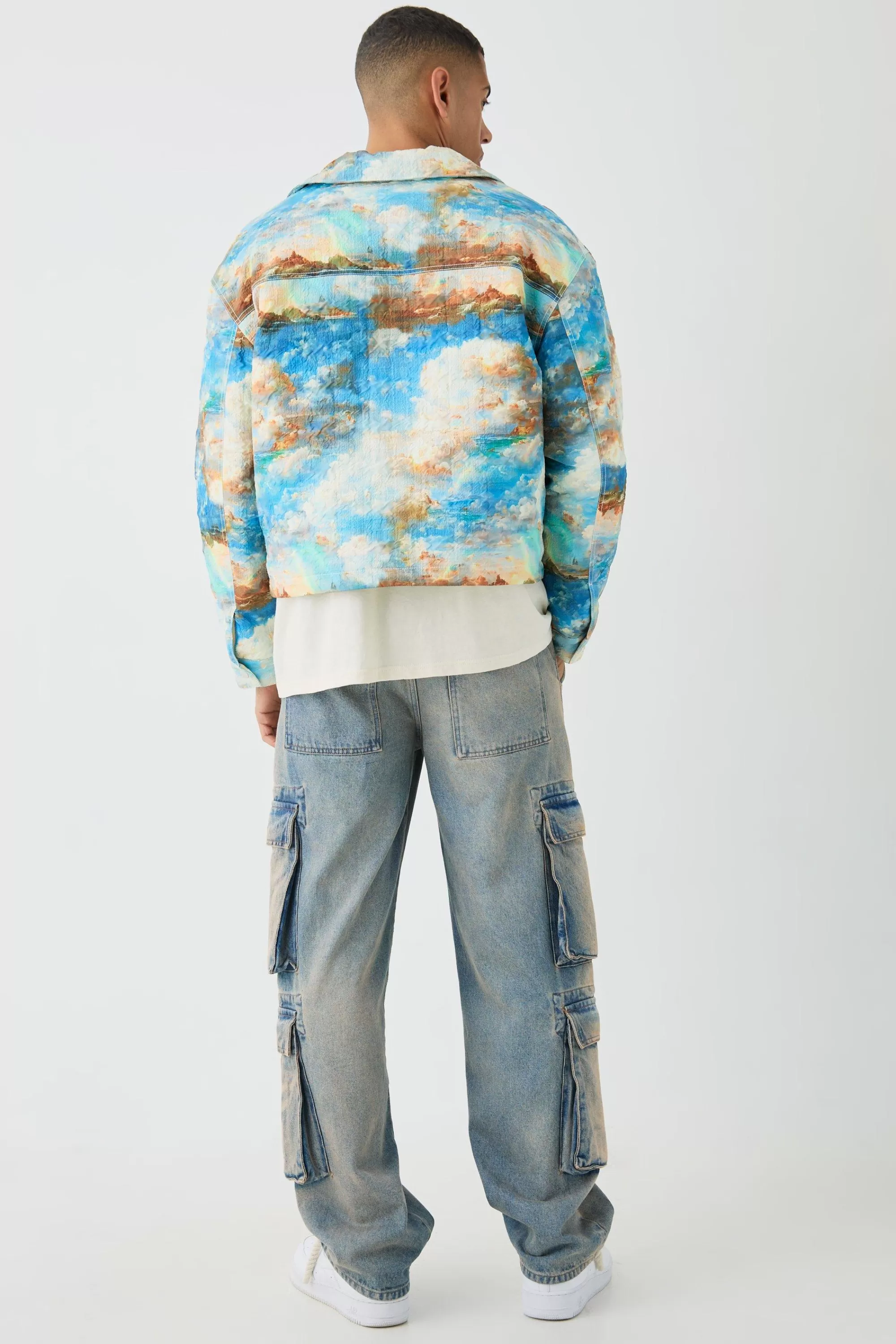 boohooMAN Boxy Abstract Print Harrington Jacket In | UK