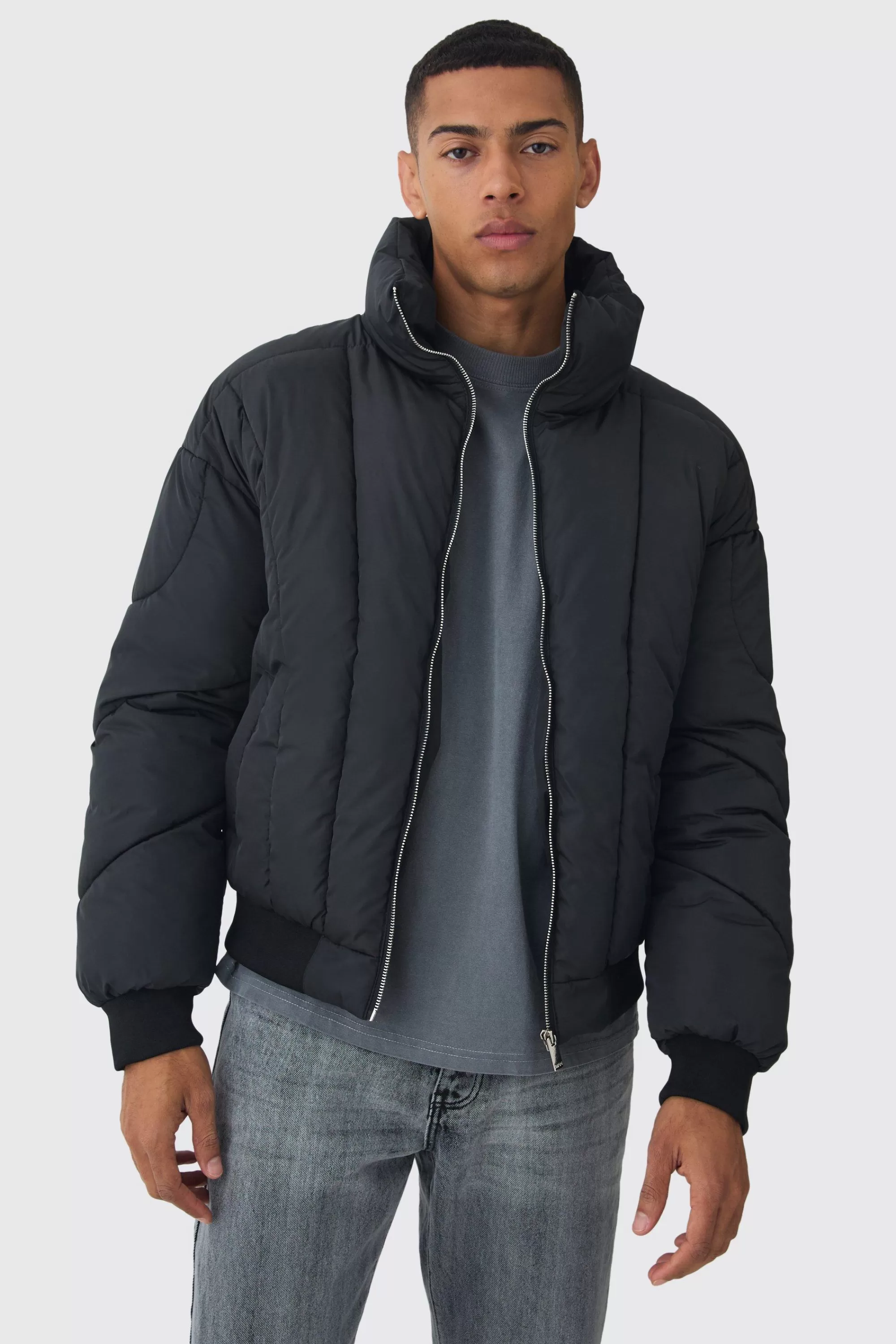 boohooMAN Boxy Abstract Quilted Funnel Neck Puffer In | UK