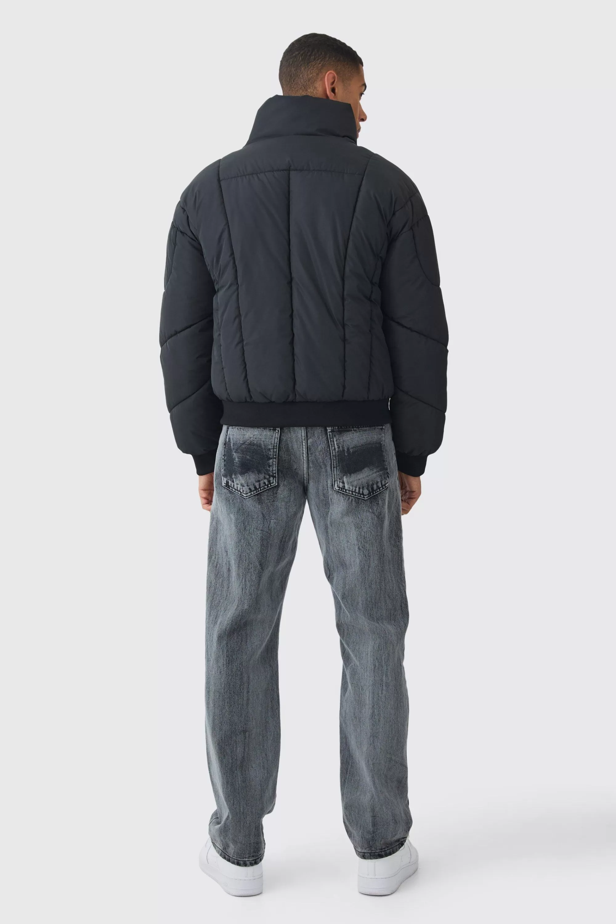 boohooMAN Boxy Abstract Quilted Funnel Neck Puffer In | UK
