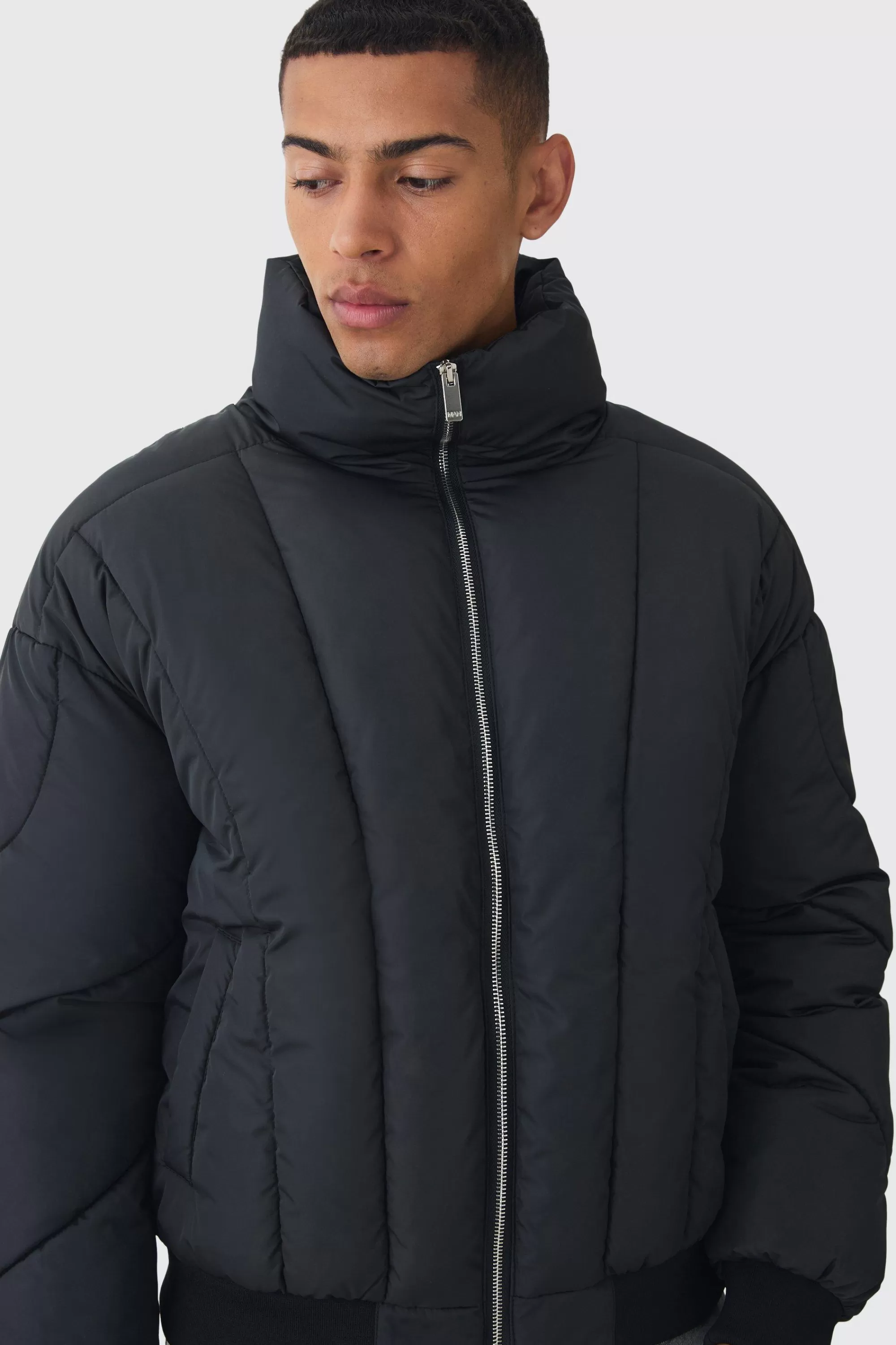 boohooMAN Boxy Abstract Quilted Funnel Neck Puffer In | UK