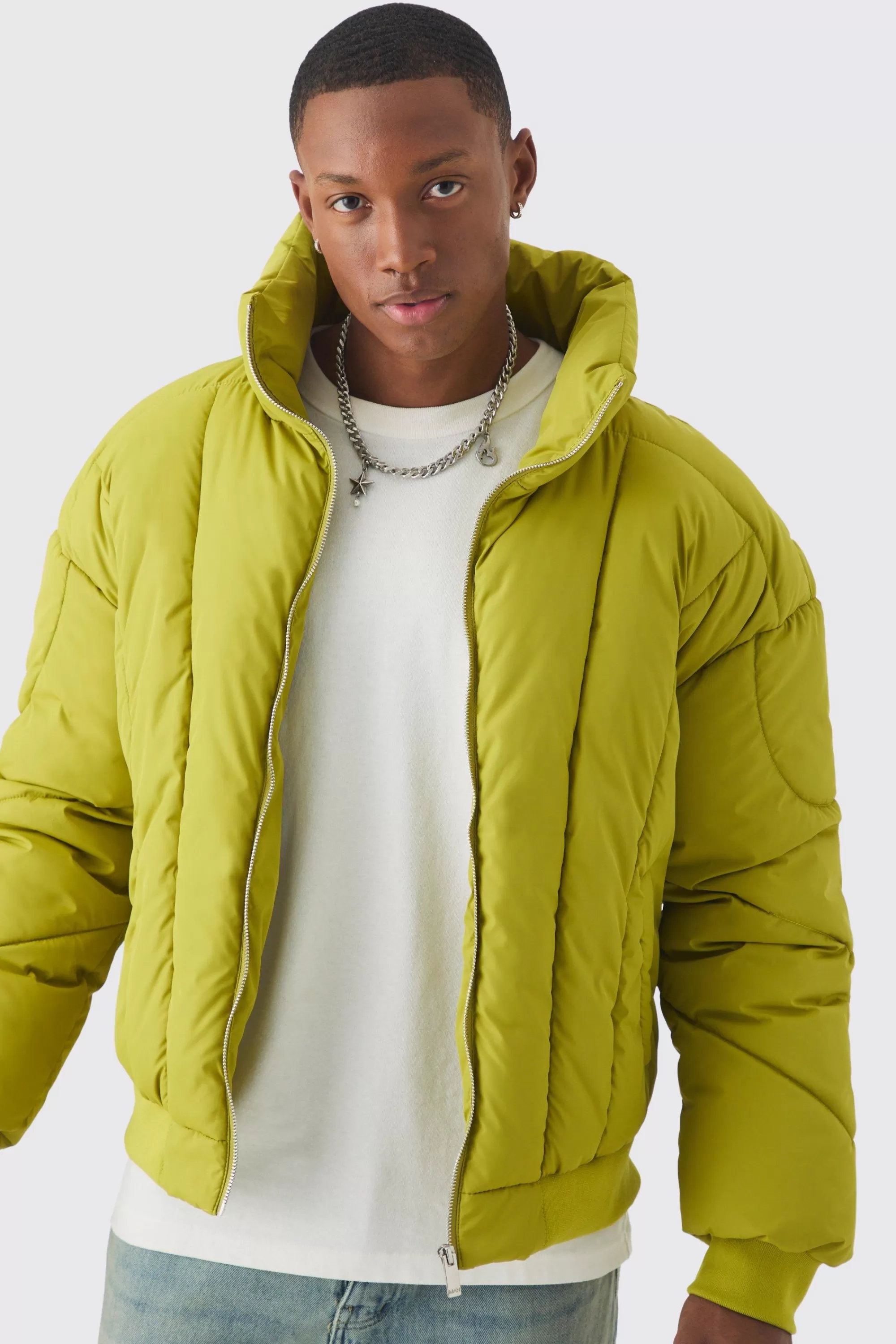 boohooMAN Boxy Abstract Quilted Funnel Neck Puffer In | UK