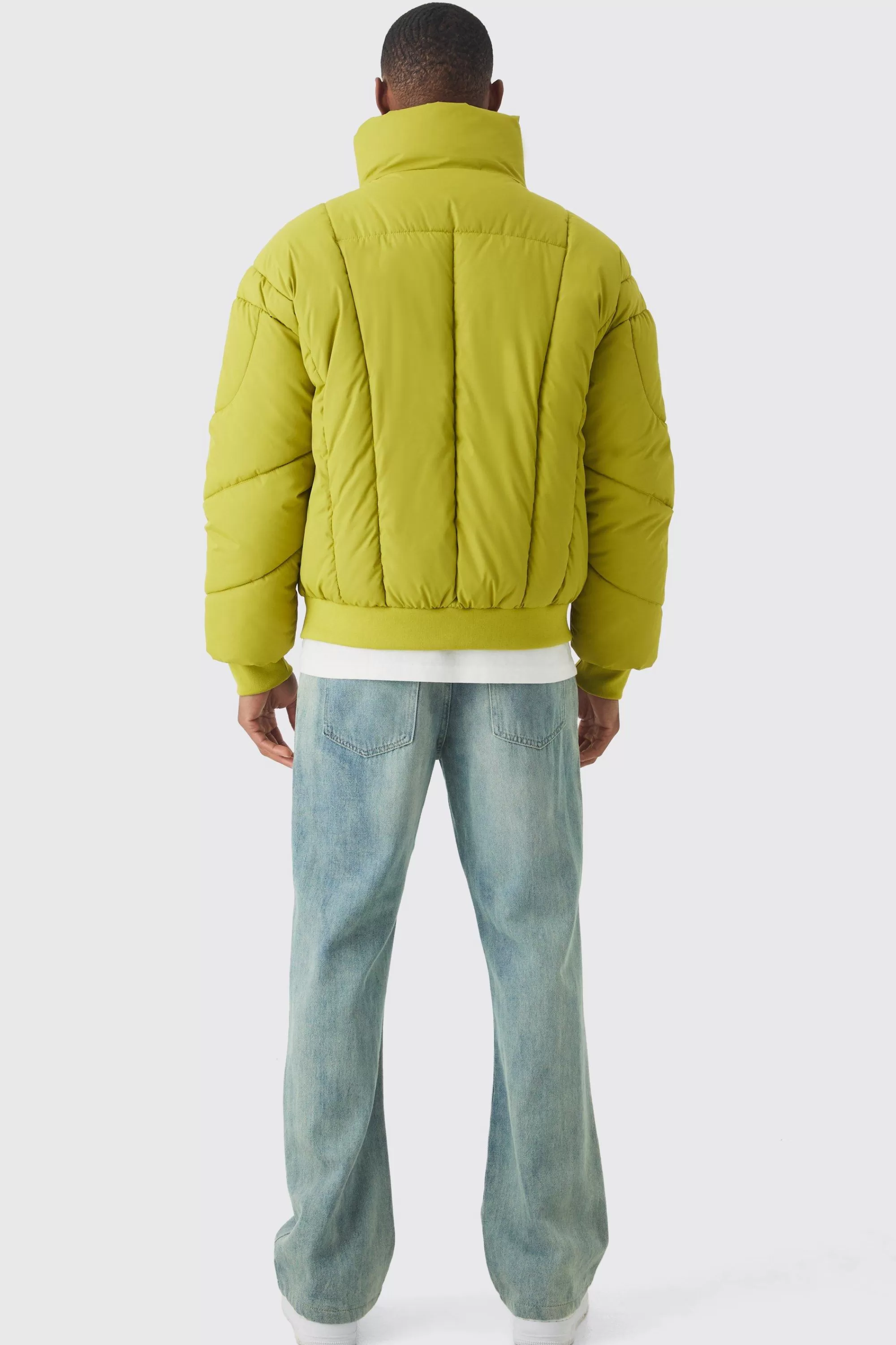 boohooMAN Boxy Abstract Quilted Funnel Neck Puffer In | UK