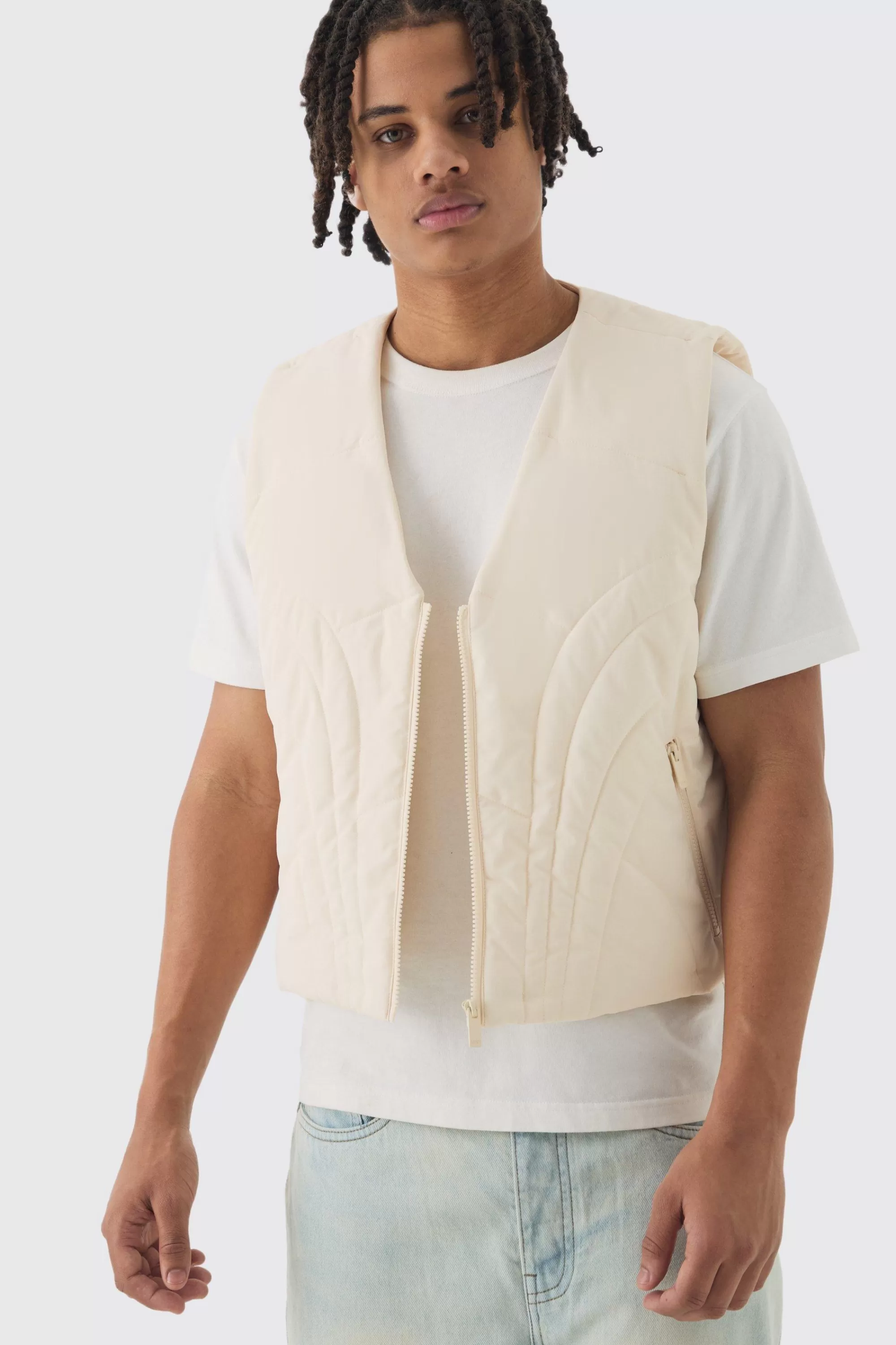 boohooMAN Boxy Abstract Quilted Gilet In | UK