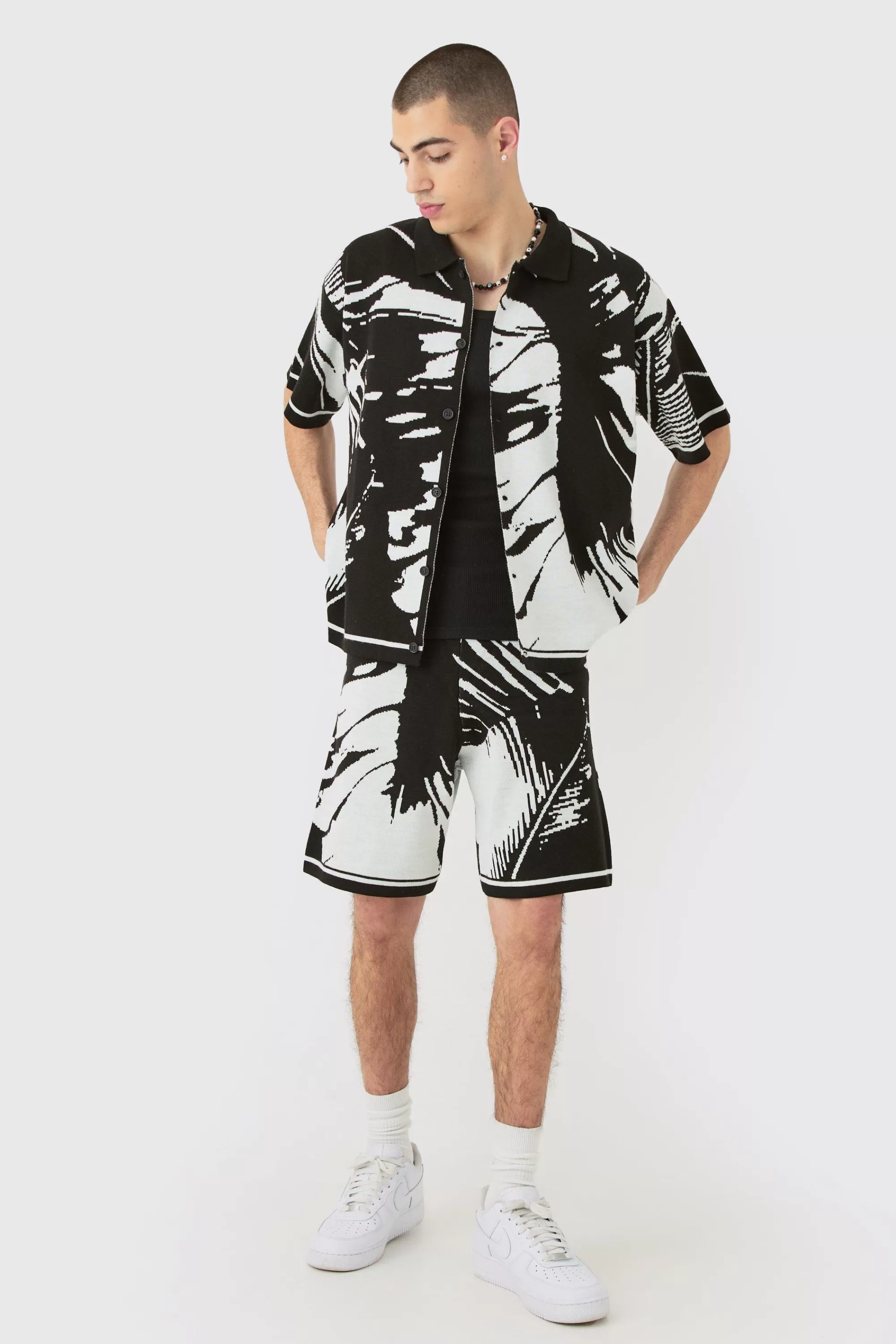 boohooMAN Boxy Abstract Shirt And Short Set | UK