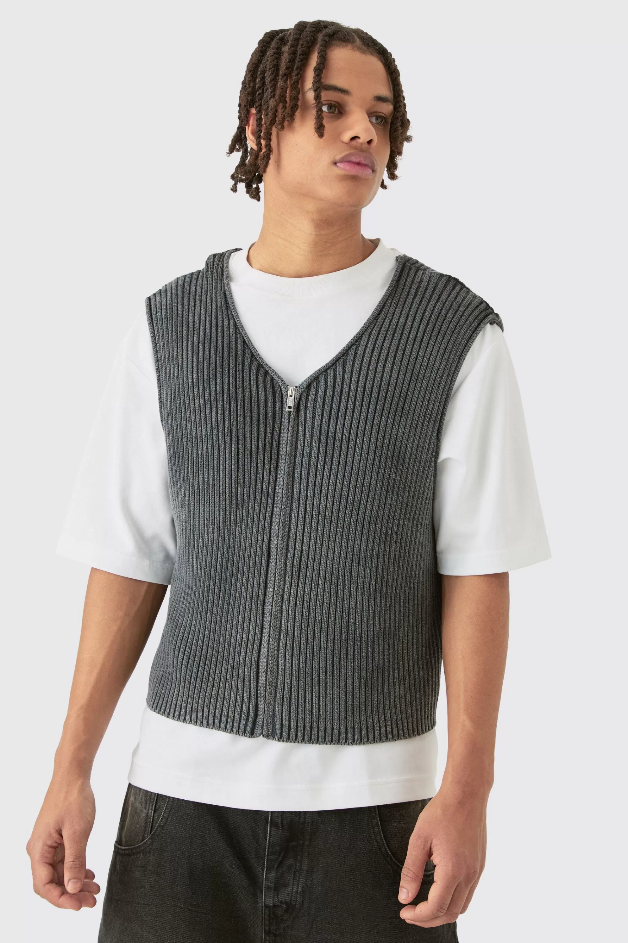 boohooMAN Boxy Acid Wash Ribbed Knit Gilet In | UK