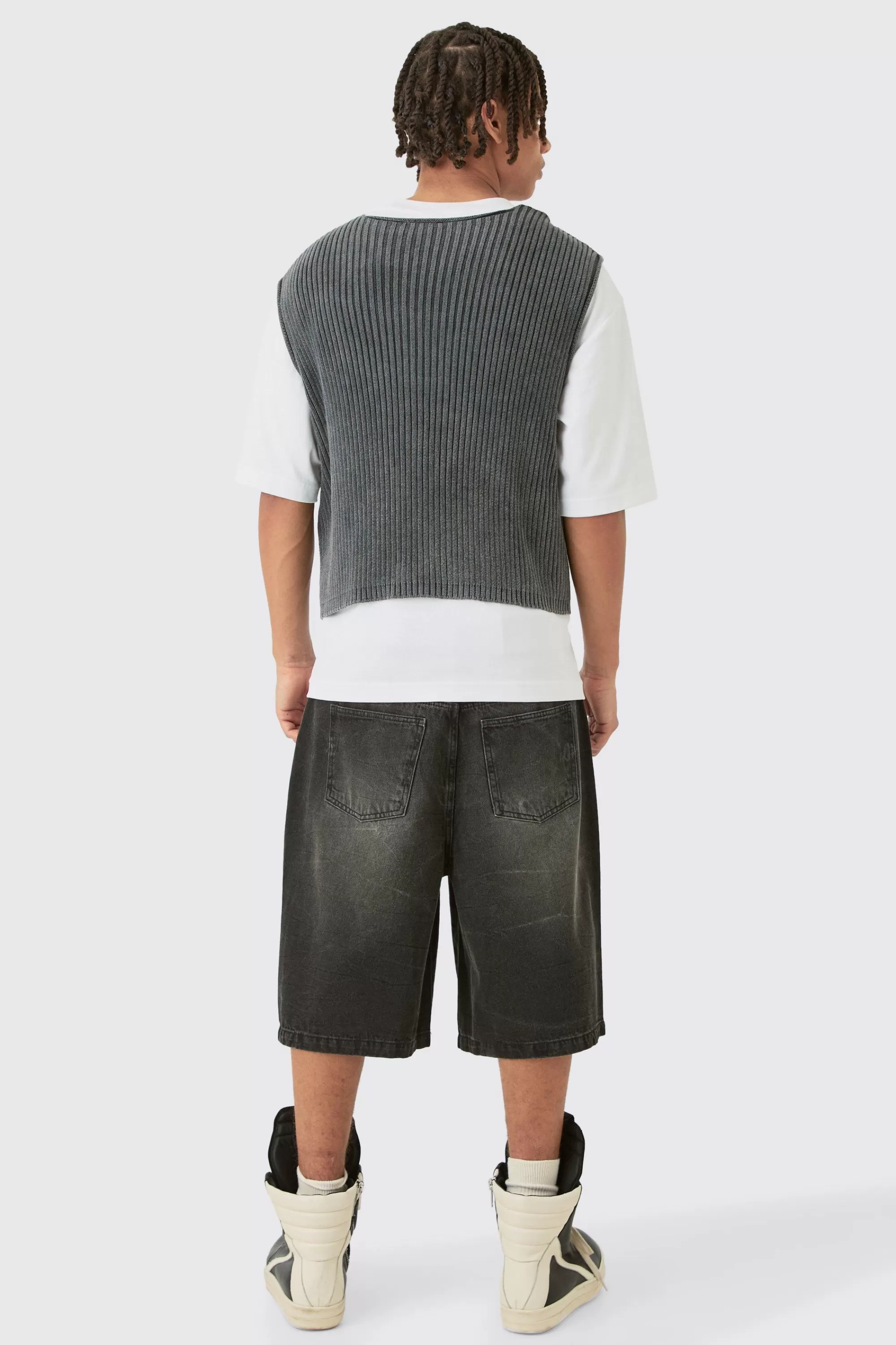 boohooMAN Boxy Acid Wash Ribbed Knit Gilet In | UK