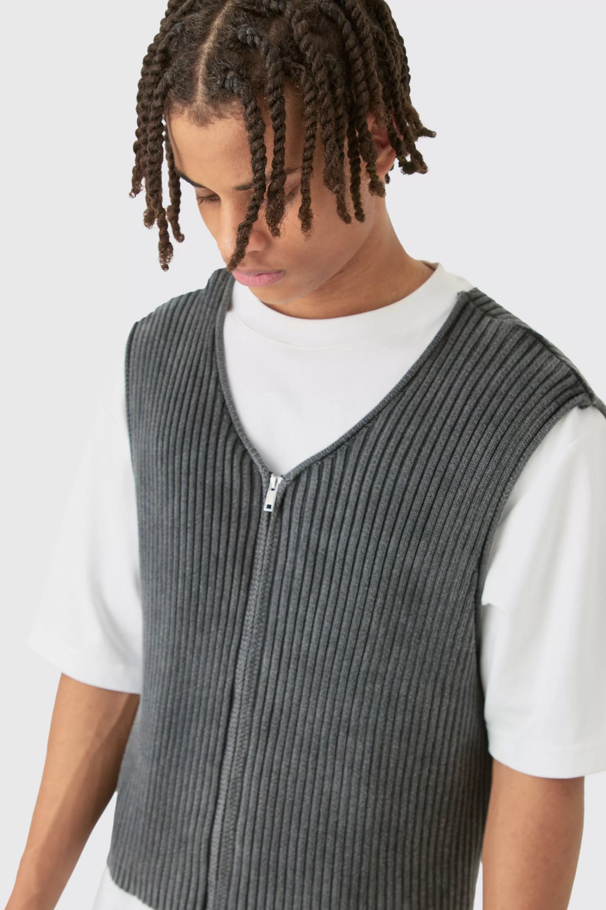 boohooMAN Boxy Acid Wash Ribbed Knit Gilet In | UK